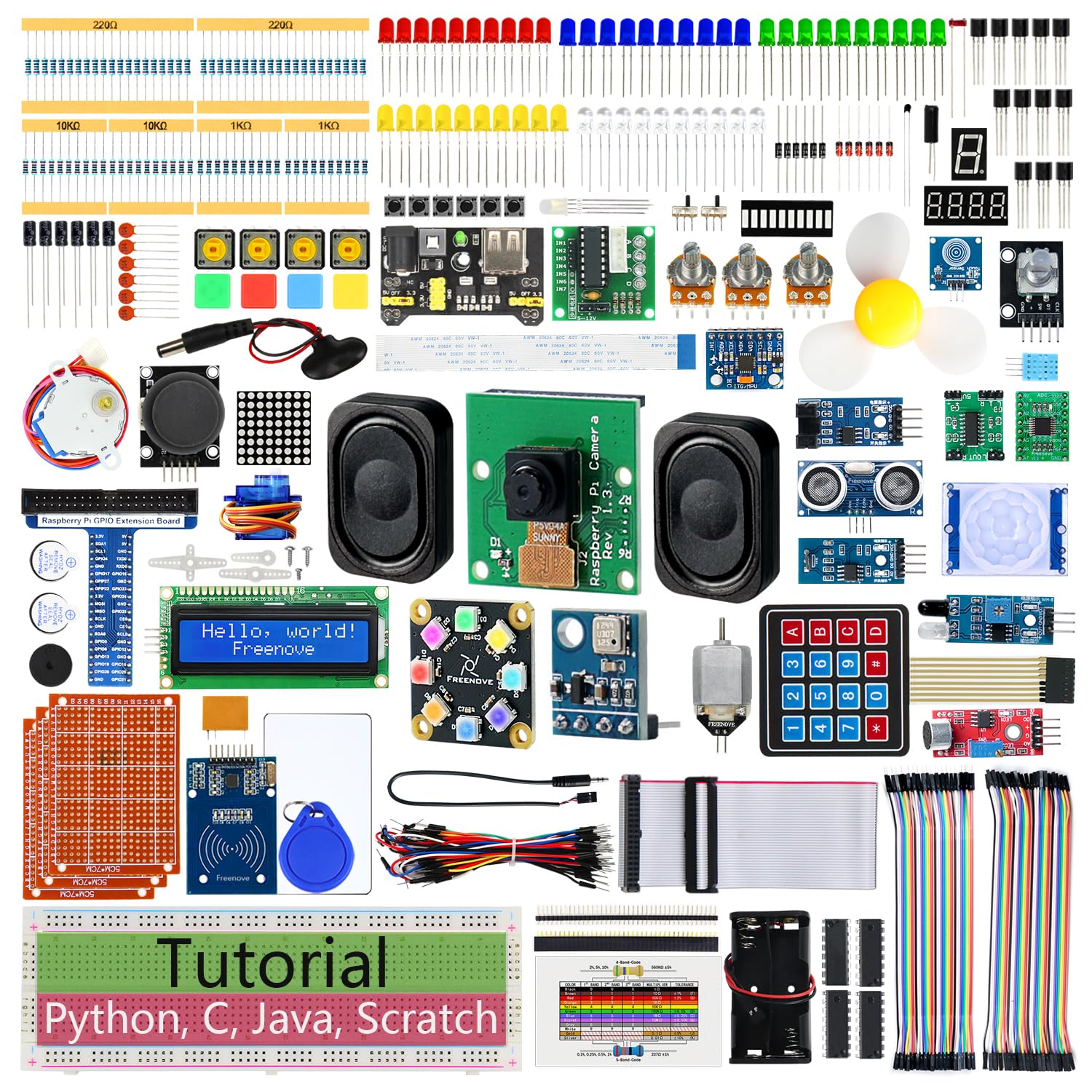 Freenove Complete Starter Kit for Raspberry Pi 5 4 B 3 B+ 400 Zero 2 W, 1170-Page Tutorial, Python C Java Scratch Processing Code, 386 Items, 164 Projects, Camera Speaker (Raspberry Pi NOT Included)