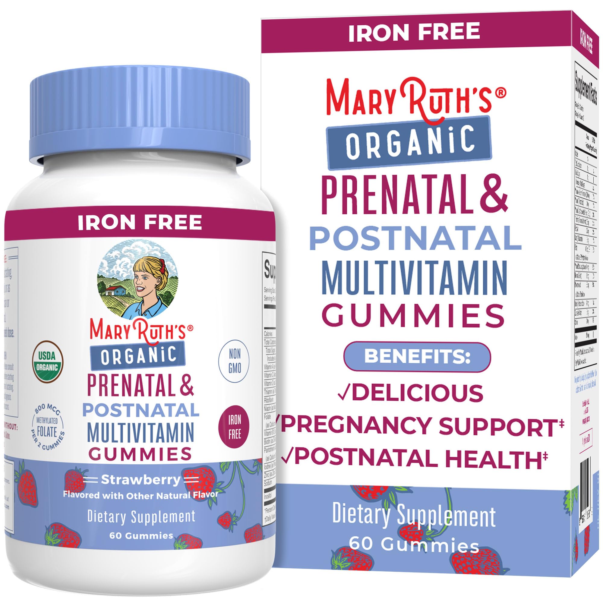 Prenatal Vitamins for Women by MaryRuth's | USDA Organic Prenatal Gummies | Postnatal Vitamins for Women Breastfeeding | Methylfolate 800 mcg DFE | Iodine | Vegan | Non GMO | 30 Servings