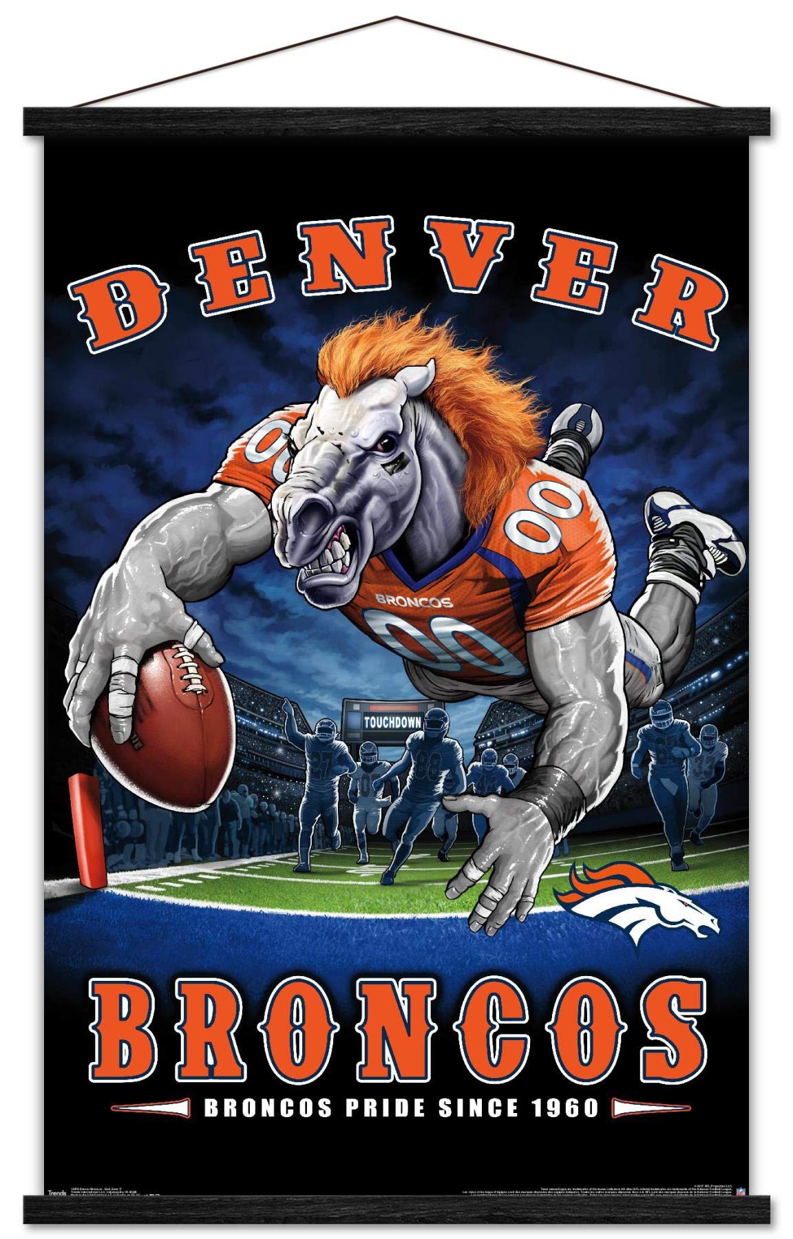 Trends International NFL Denver Broncos-End Zone 17 Wall Poster with Wooden Magnetic Frame, 22.375" x 34", Premium Print and Black Hanger Bundle