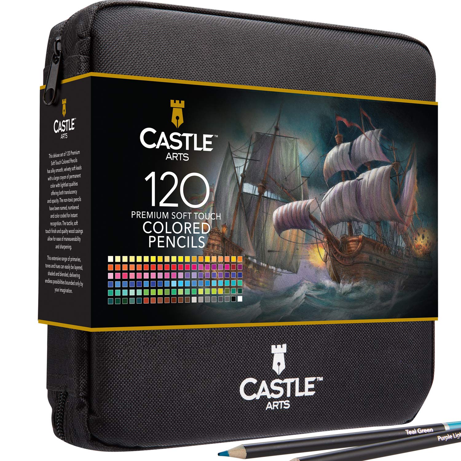 Castle Art Supplies 120 Colouring Pencils Zipper-Case Set | Quality Soft Core Coloured Leads for Adult Artists, Professionals and Colourists | In Neat, Strong Carry-Anywhere Zipper Case