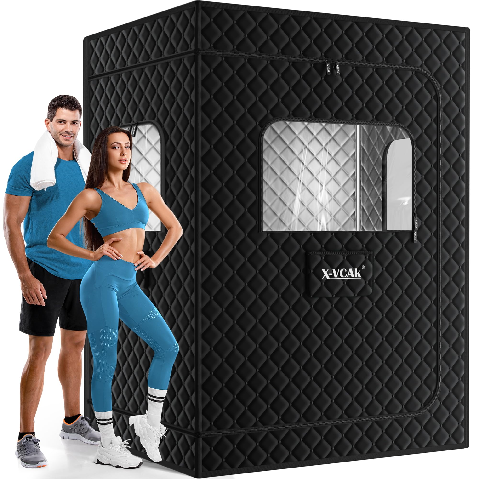 2 Person Portable Steam Sauna, Large Sauna Box, Sauna Tent Sauna Box with 2 Steamers, 2 Folding Chair，71”x 49”x 36”, Black