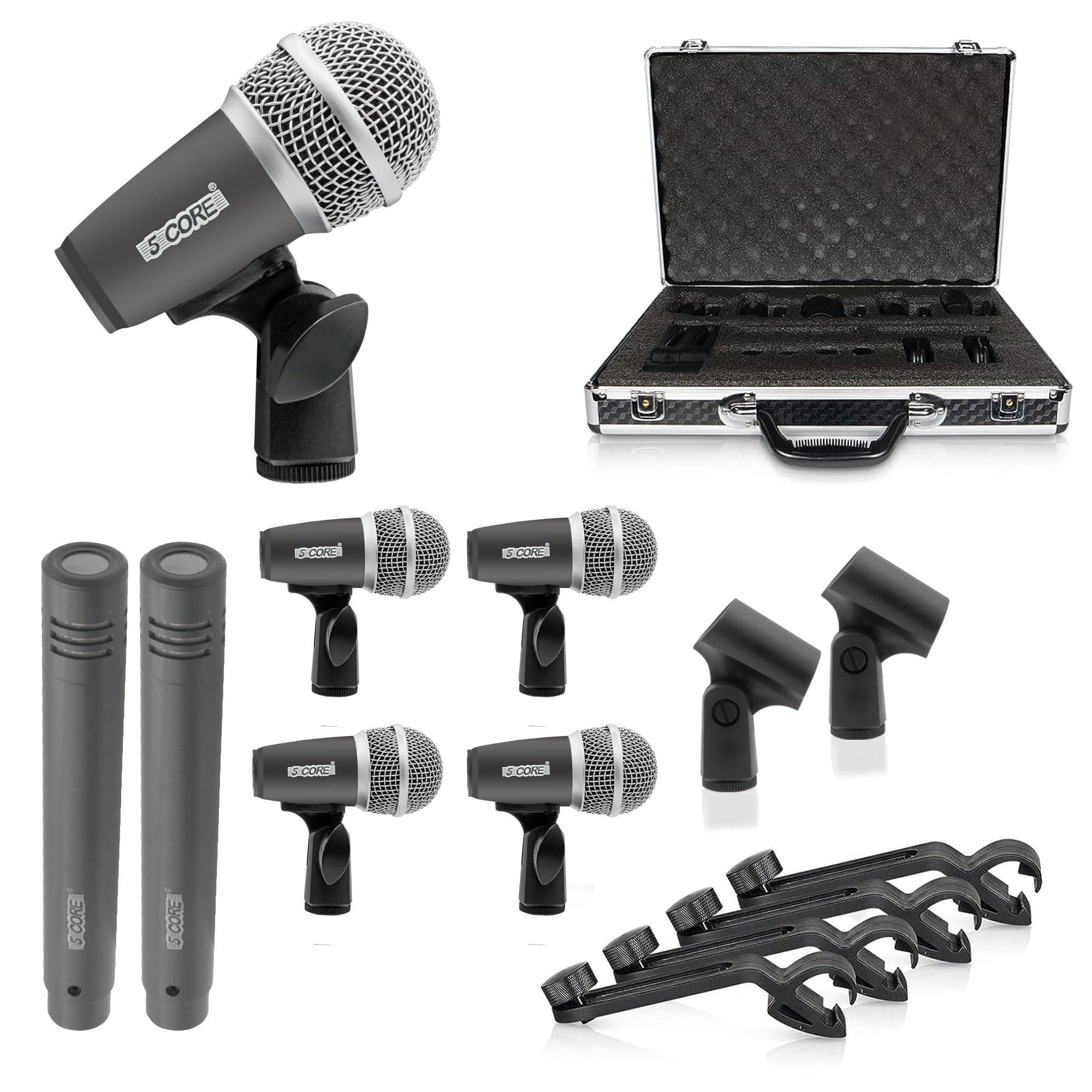 5 CORE Professional Drum Mic Kit 7 Piece Metal XLR Dynamic Vocal Microphone for Kick Bass Tom Snare & Cymbals Congas Instrument Set for Live Applications & Studio Recording Drummers DM 7RND Grey