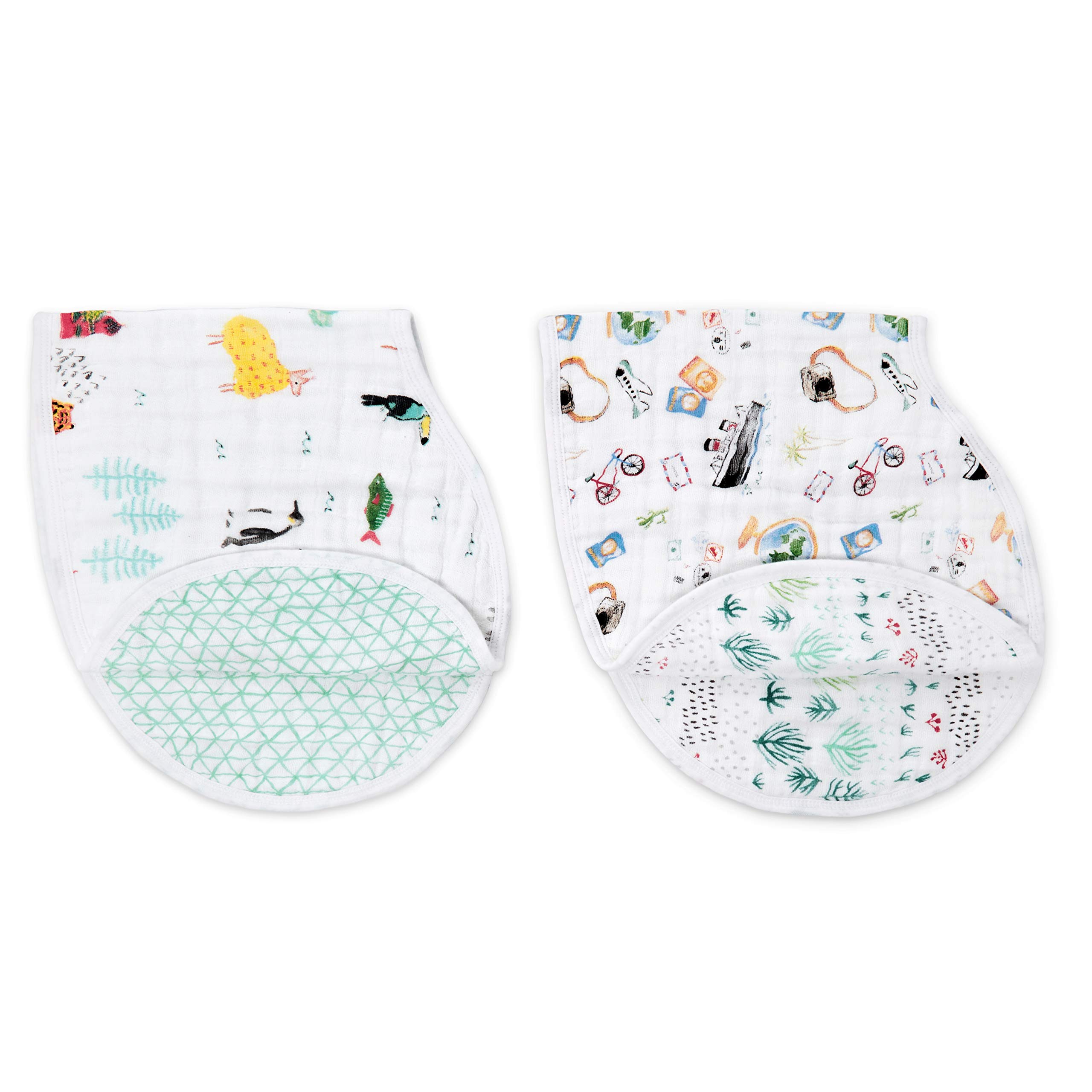 aden + anais Burpy Bib, 100% Cotton Muslin, Soft Absorbent 4 Layers, Multi-Use Burp Cloth and Bib, 22.5" X 11", 2 Pack, Around The World