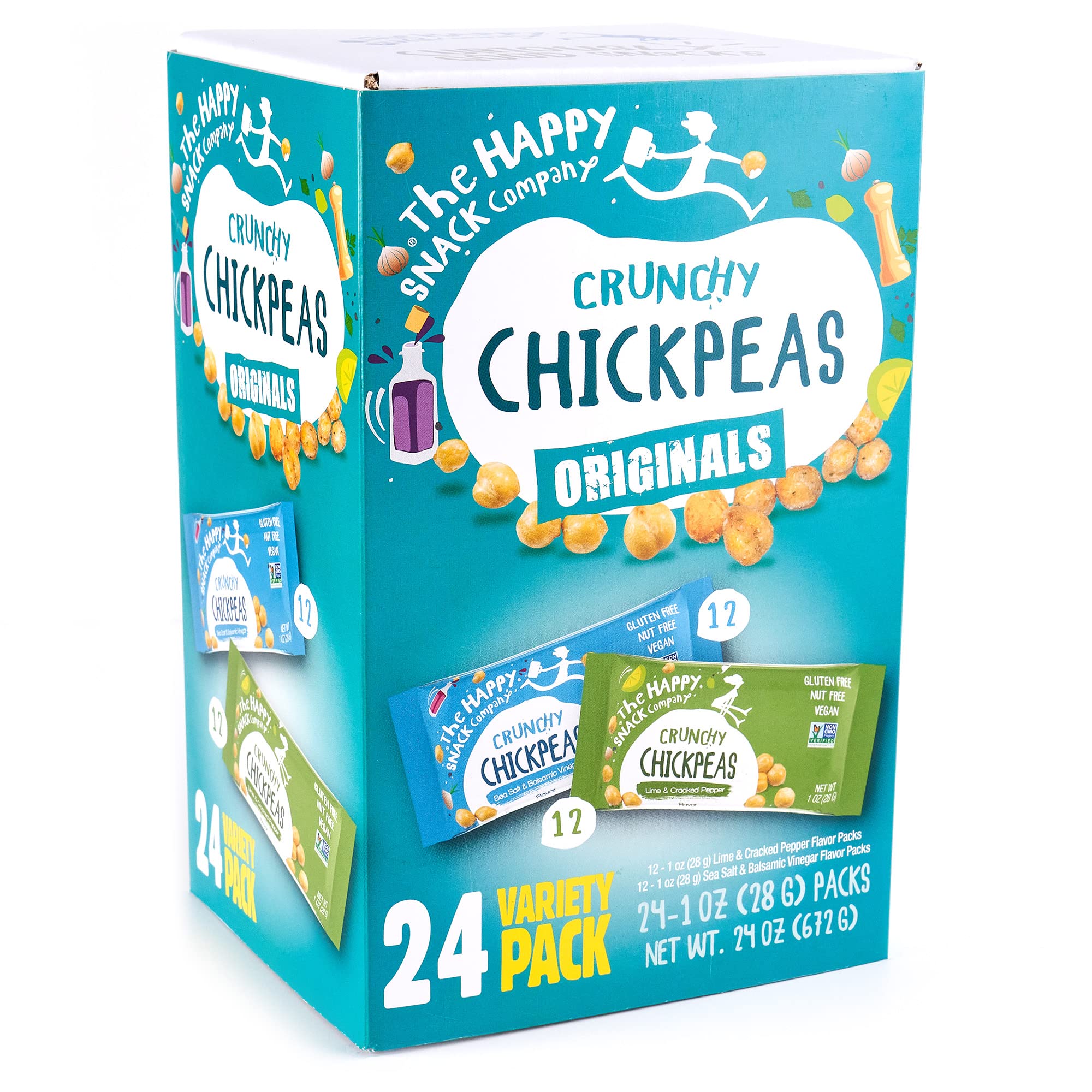 The Happy Snack Company Crunchy Chickpeas Variety Pack 24 x 1 oz ( Sea Salt & Balsamic Vinegar Flavor and Lime & Cracked Pepper Flavor). 5g Plant Based Protein & 120 Cals. Gluten, Nut & Dairy Free, Non-GMO and Vegan.