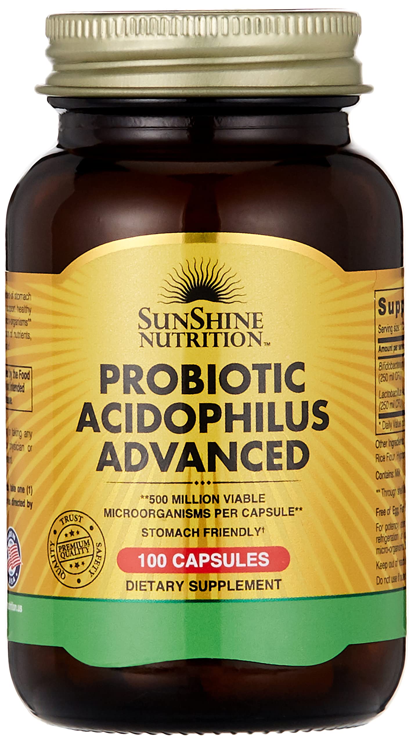 Sunshine Nutrition Probiotic Acidophilus Advanced, 100 Capsules | 500 Million Viable Microorganisms Per Capsules