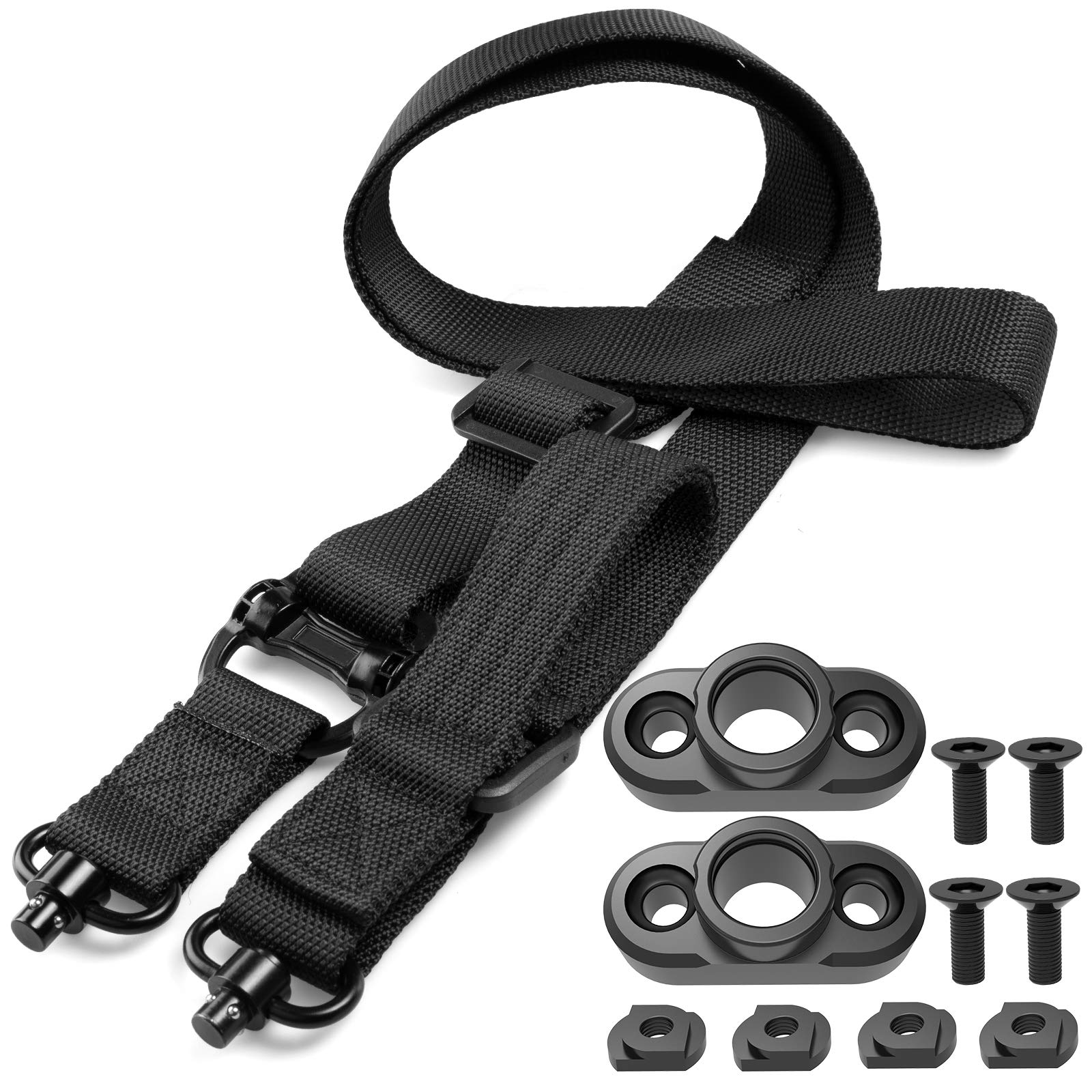 Rifle Sling 2 Point Sling Quick Adjust with QD Sling Swivels, 2 PCS QD Sling Mount for Mlok, Two Point Sling with Fast Adjust Loop