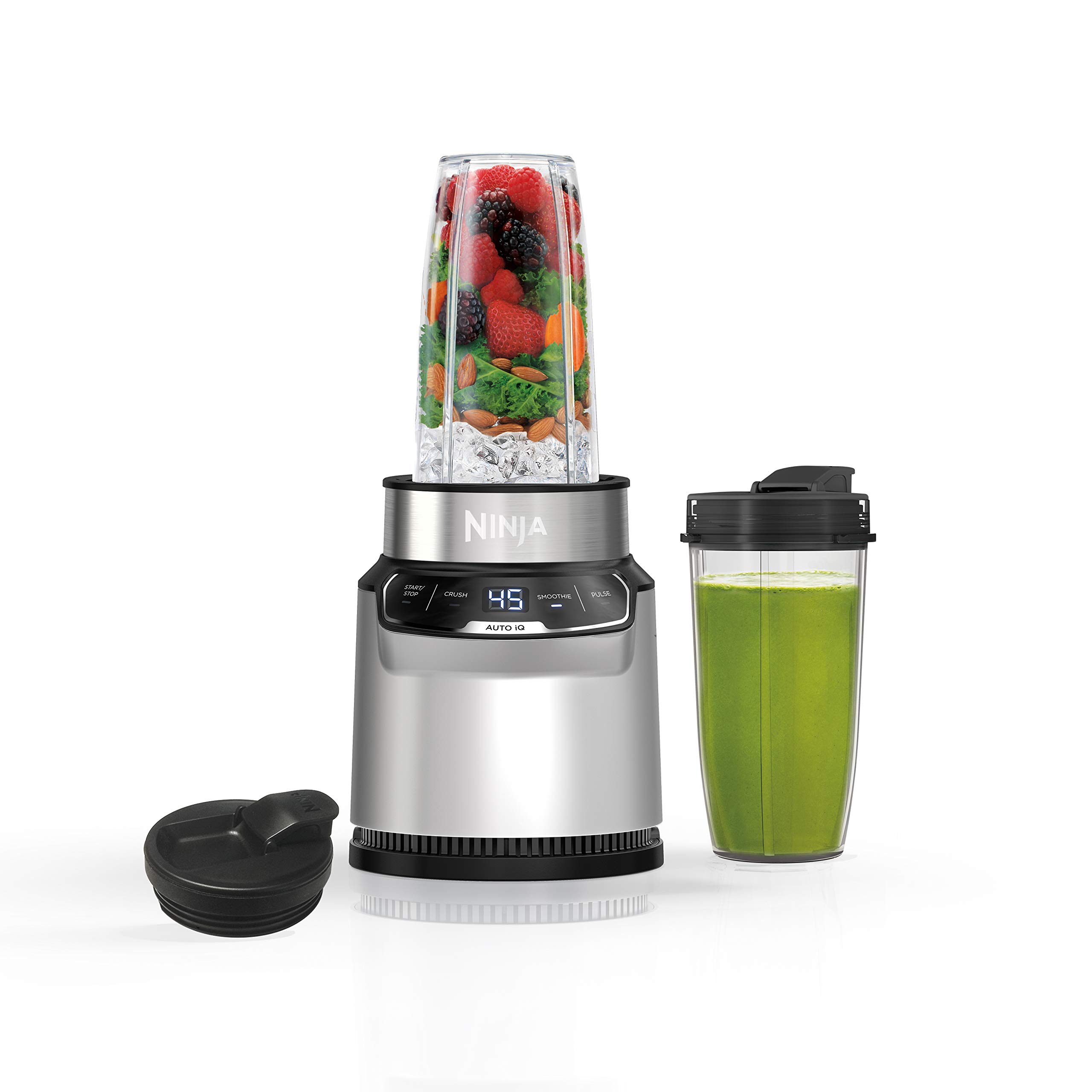 NinjaBlender, Nutri Pro, Personal Blender, For-Smoothies, Salsa, Shakes, and Frozen Drinks, Includes 2 Smoothie Cups, + Lids, Crushes Ice, Fruit, and Veggies, Single Serve Blender, Silver, BN401