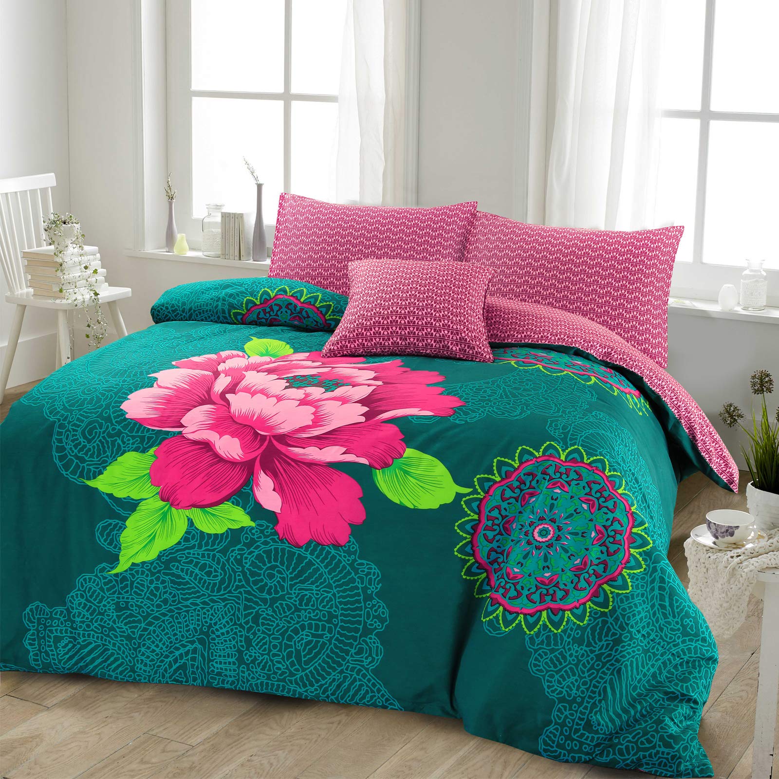 Nimsay Home JANICE Bohemia Floral Country Style Quilt Duvet Cover Cotton Blend Boho Hippy Bright Flower Exotic Traditional Design Reversible Plum Wiggly Pattern Greenish Bedding Sets Pack - SUPER KING