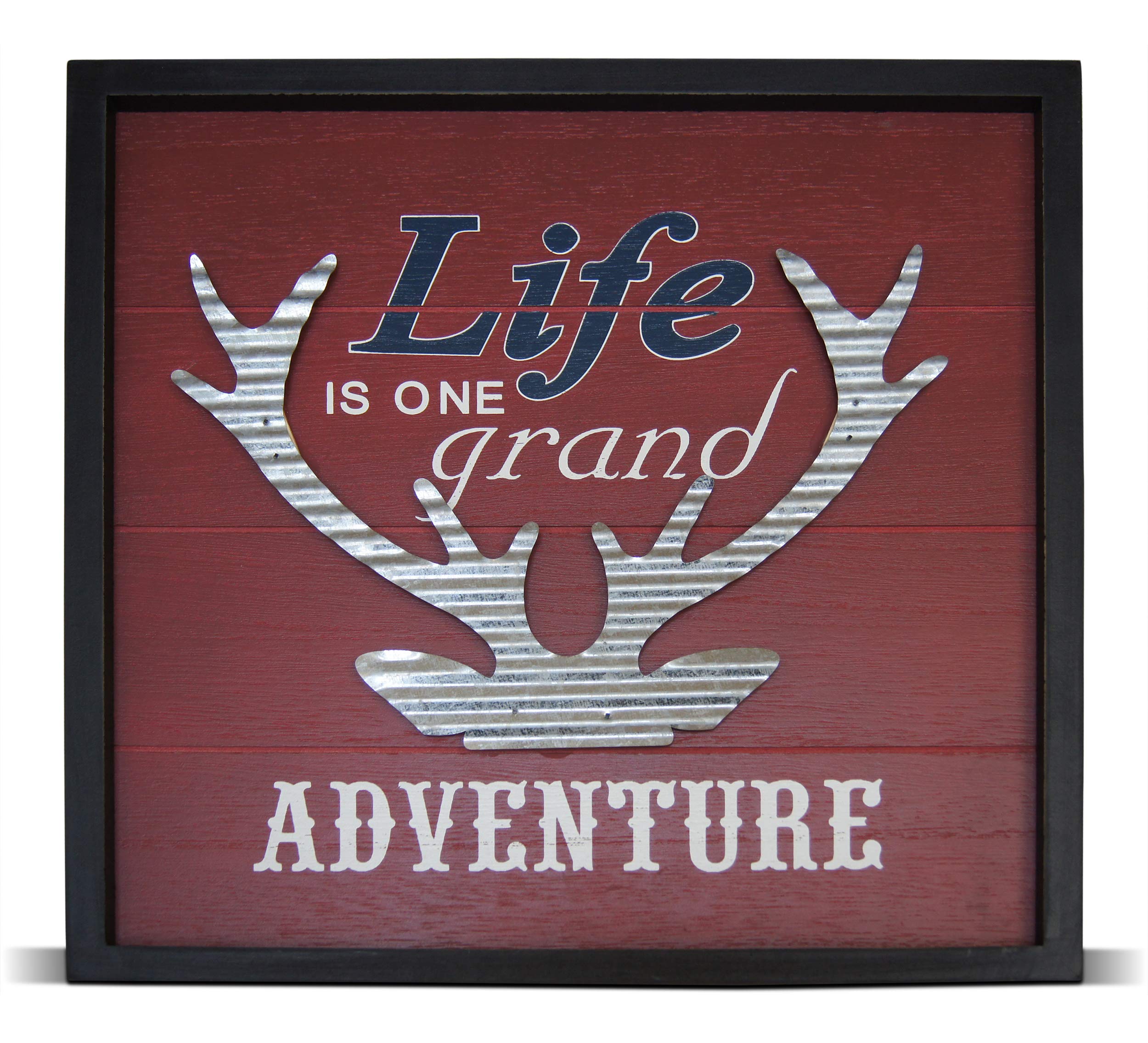 Shoreside Nautical Lake House Life is One Grand Adventure Themed Decor Small Hanging Plaque with Corrugated Tin Antler Design (1 Piece)