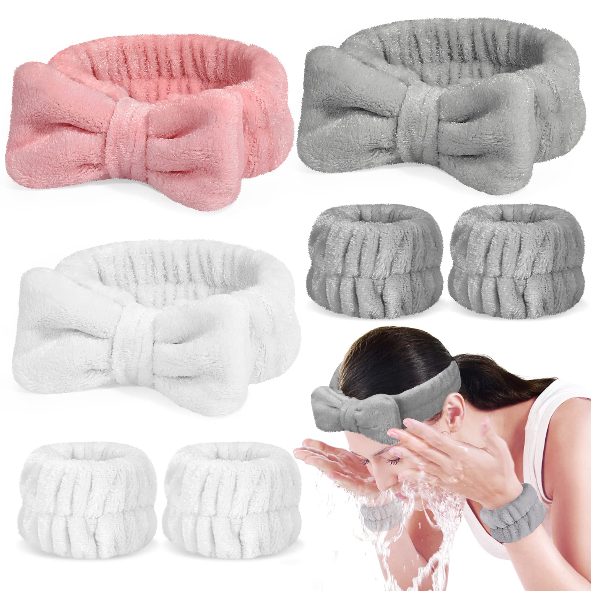 Crosize 7 Pack Face Wash Headband and Wristband Set for Women, Cute Spa Skin Care Headband for Washing Face, Terry Cloth Facia Headband and Wrist Towels for Washing Face, Makeup, Skincare