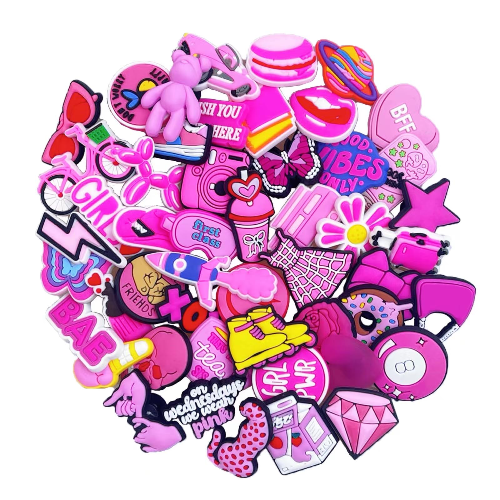 35,50 PCS Pink Shoe Charms for Girls Women, Fashion Shoe Charms Decoration for Teens Kids Adults, Cute Kawaii Pink Charms Shoe Accessories Bracelet Wristband Party Favors