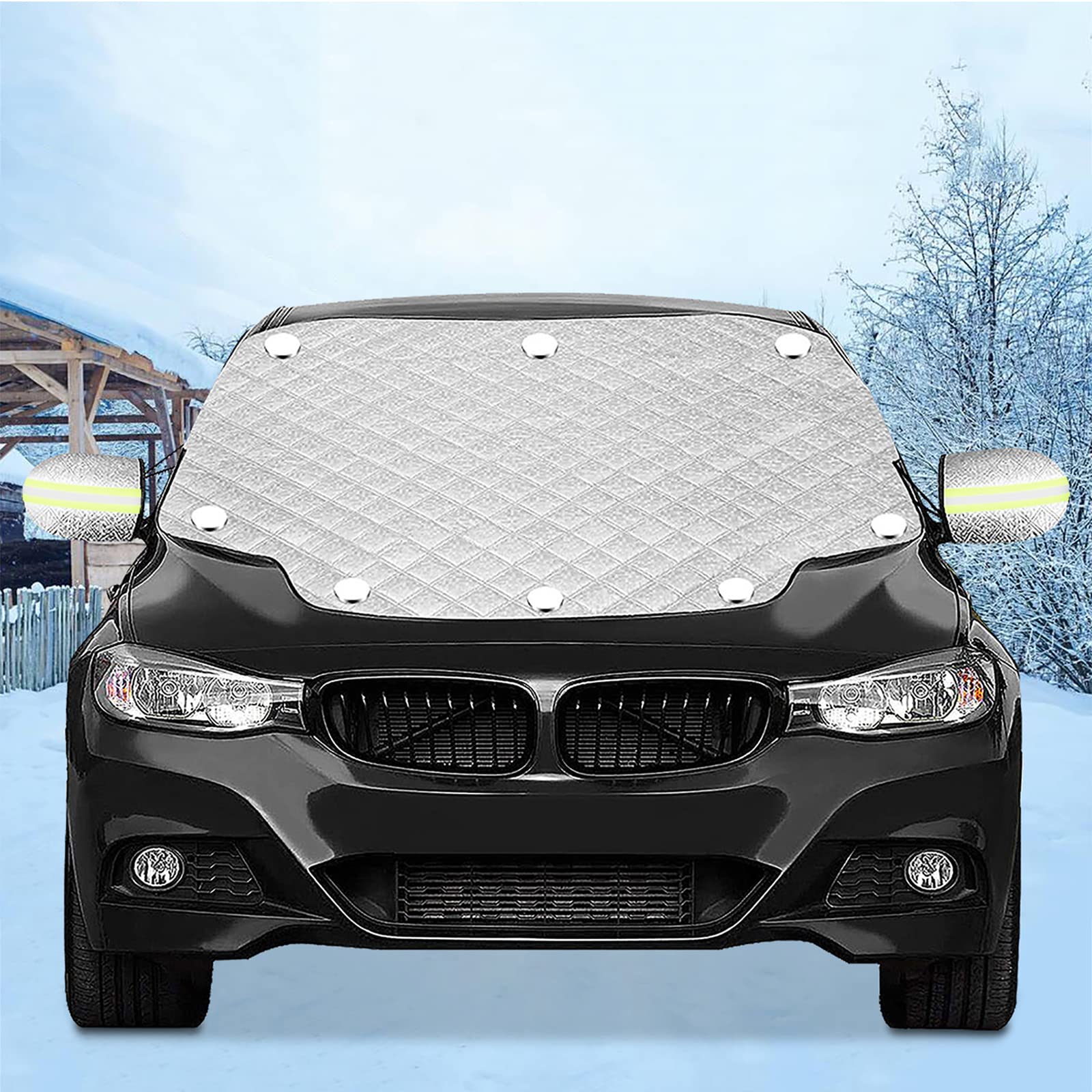 Front Window Snow Cover- FREESOO Car Windscreen Ice Cover- Car Windshield Frost Cover- Car Windscreen Cover Winter- Magnet Car Windscreen Frost Cover with Reflective Strip Front Window Cover 150X120CM