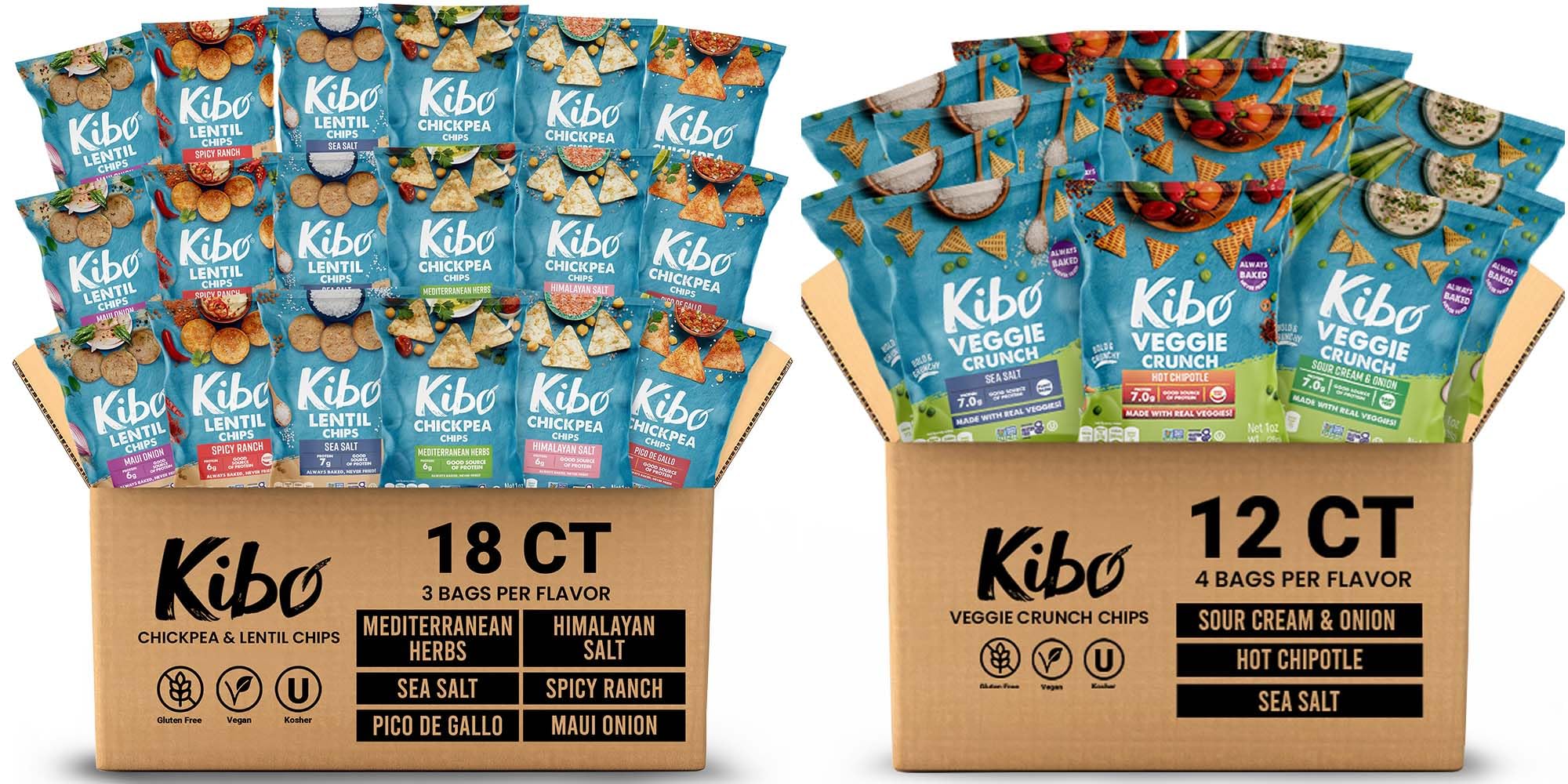 Kibo Chickpea Chips & Lentil Chips Variety 18-Pack and Veggie Chips Variety 12-Pack