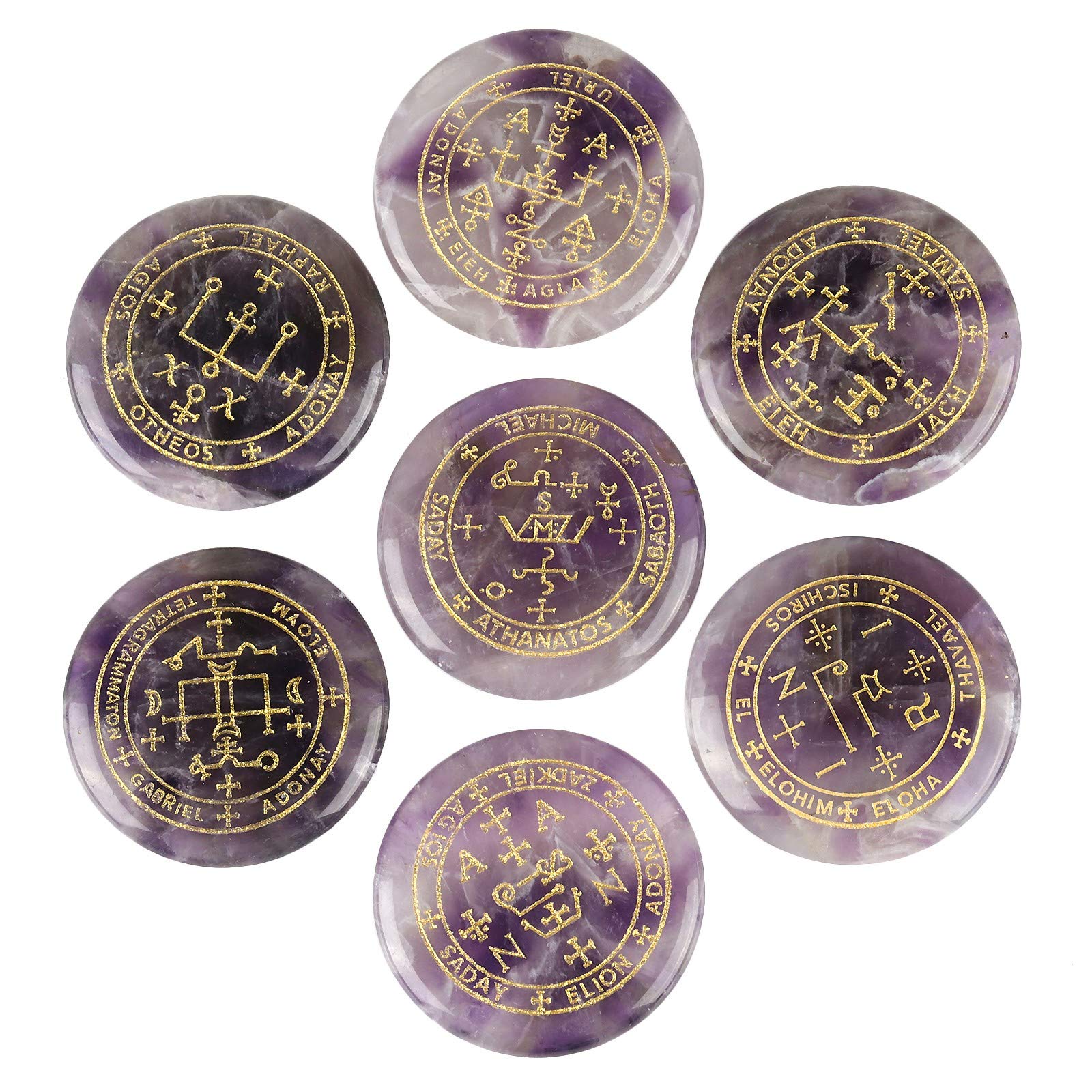 SUNYIKSUNYIK Round Engraved Archangels Gabriel Sigil Talisman Stone Set of 7, Pocket Worry Palm Stones for Healing Reiki Decoration Wicca Amulet, Amethyst