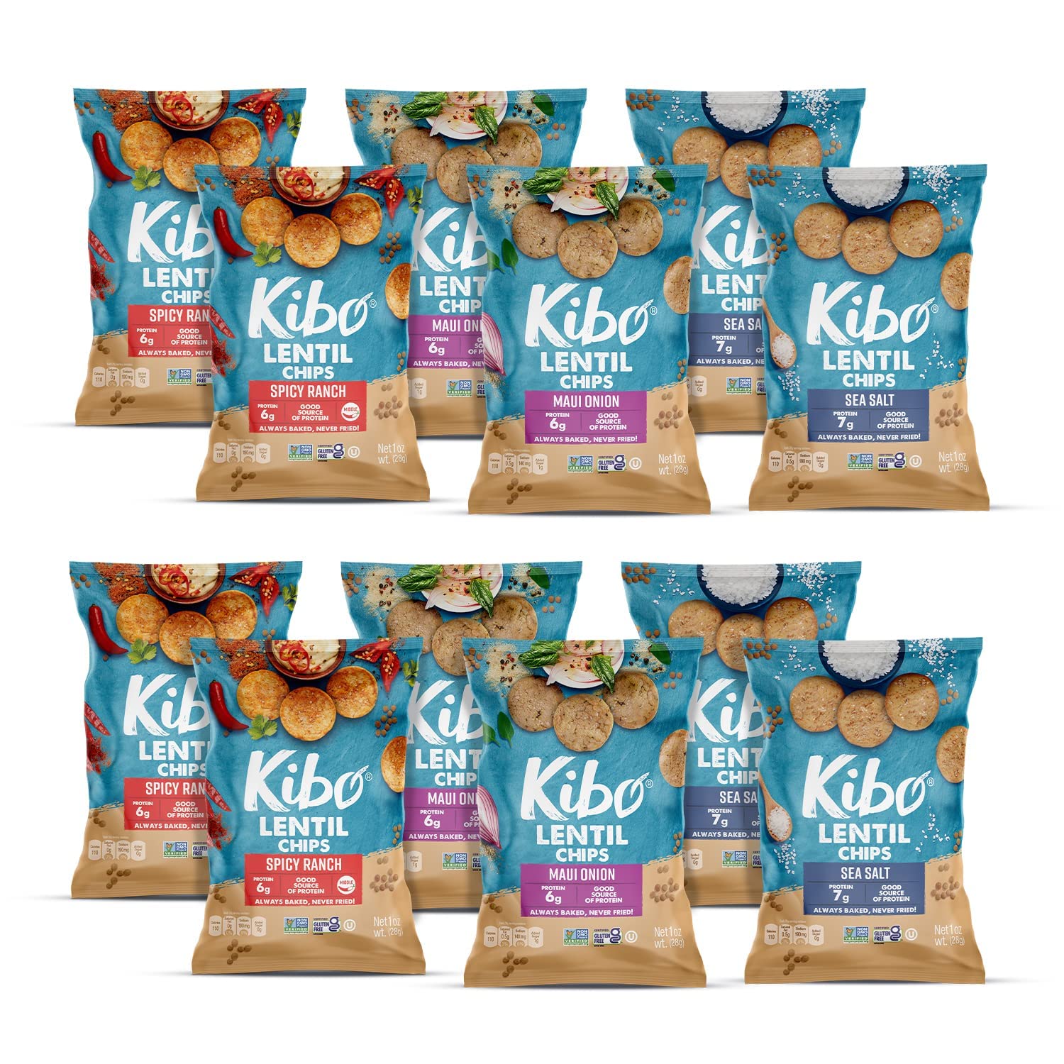 KIBO FOODSLentil Chips Variety Pack - Gluten-Free Vegan Chips - Non-GMO Verified - Plant-Based 28 grams – Maui Onion, Sea Salt, and Spicy Ranch - 12 pack