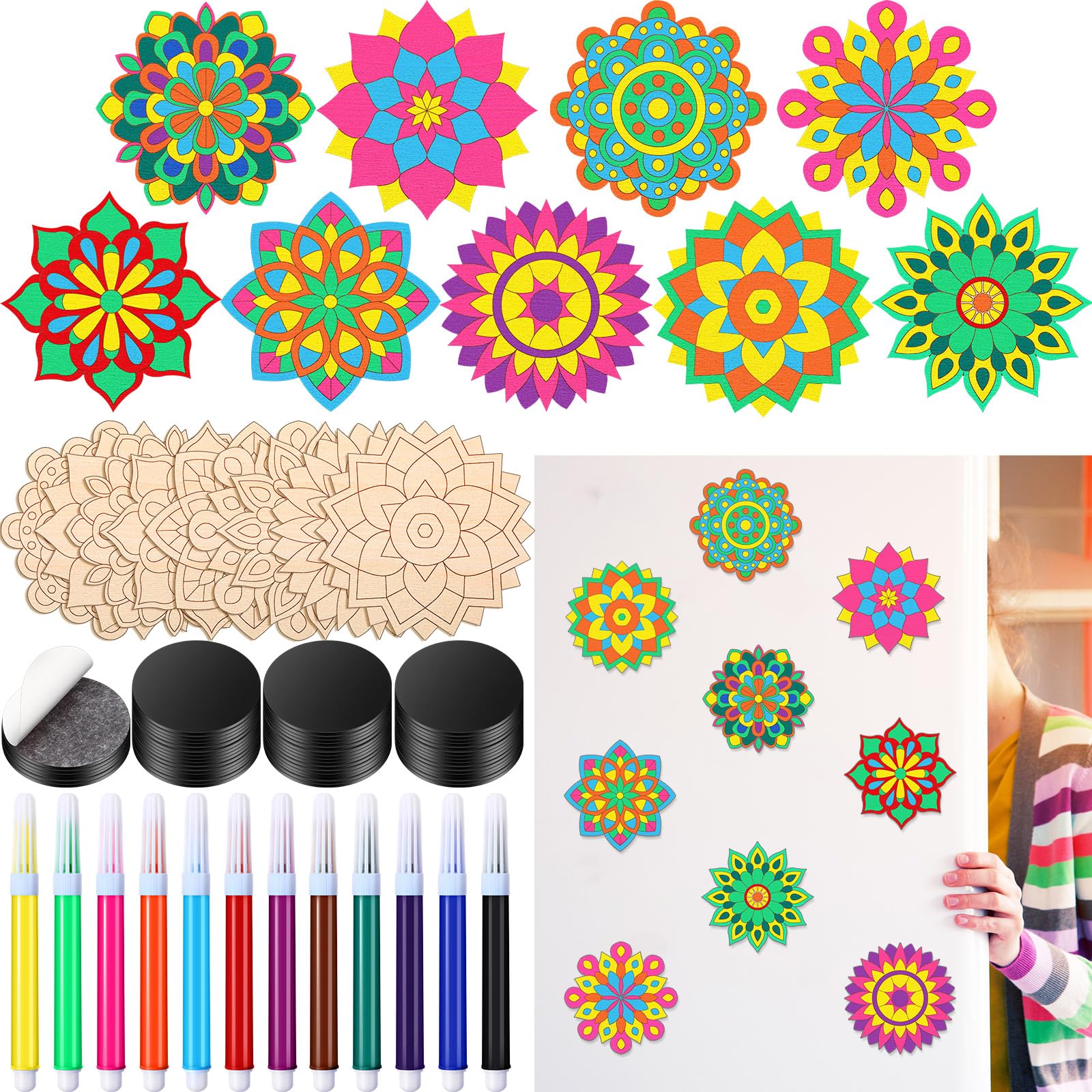 18 Pcs DIY Wooden Mandala Magnets Color Your Own Mandala Magnet Small Magnets for Crafts Self Adhesive Magnet for DIY Craft Fridge Refrigerator Magnets Pendants (Classic Style)