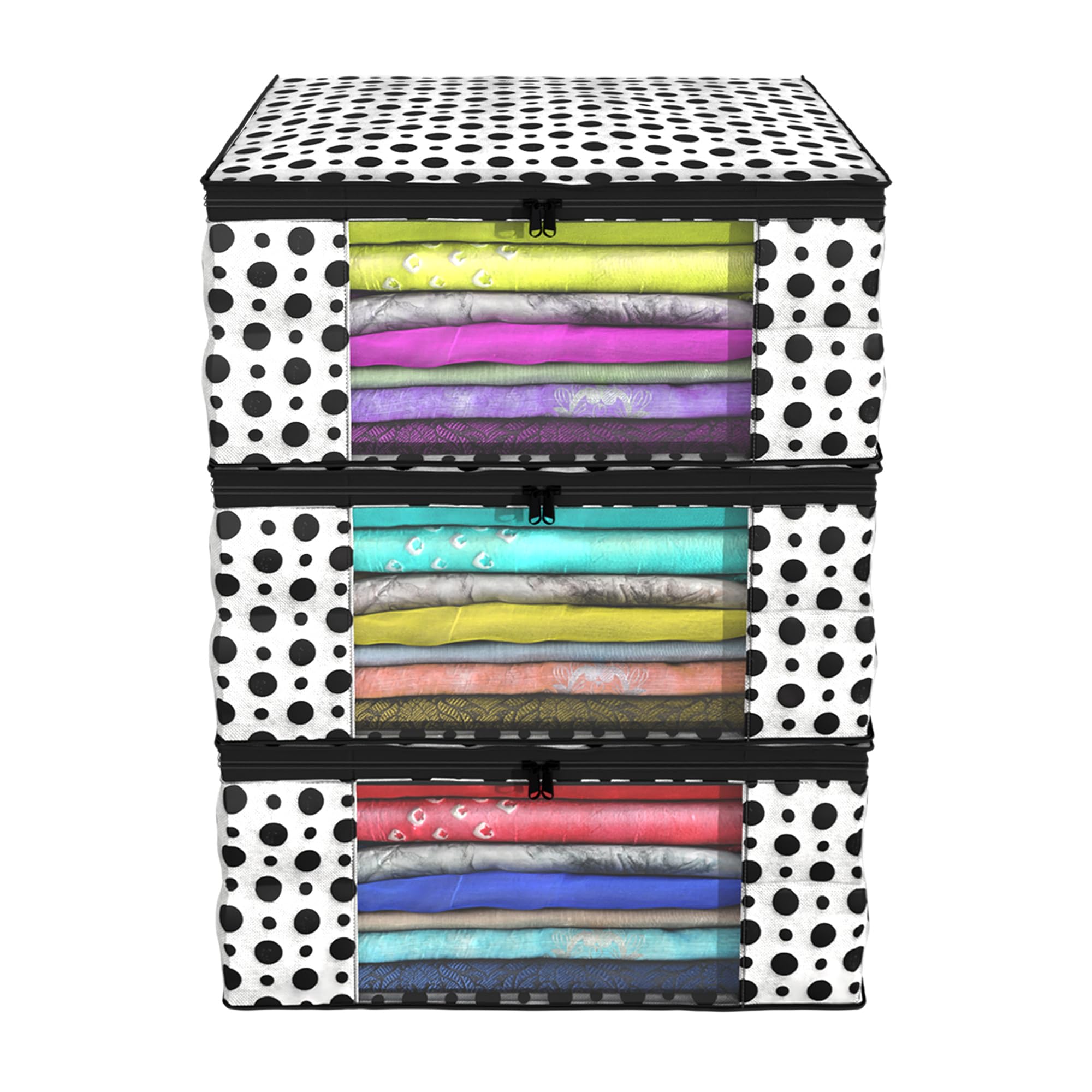 Kuber Industries Clothes Organizer For Wardrobe (Pack of 3) - Storage Organizer For Saree | Shirts | Lehenga - Dress Organizer For Wardrobe - Saree Covers With Zip (Polka Dots) (Black and White)