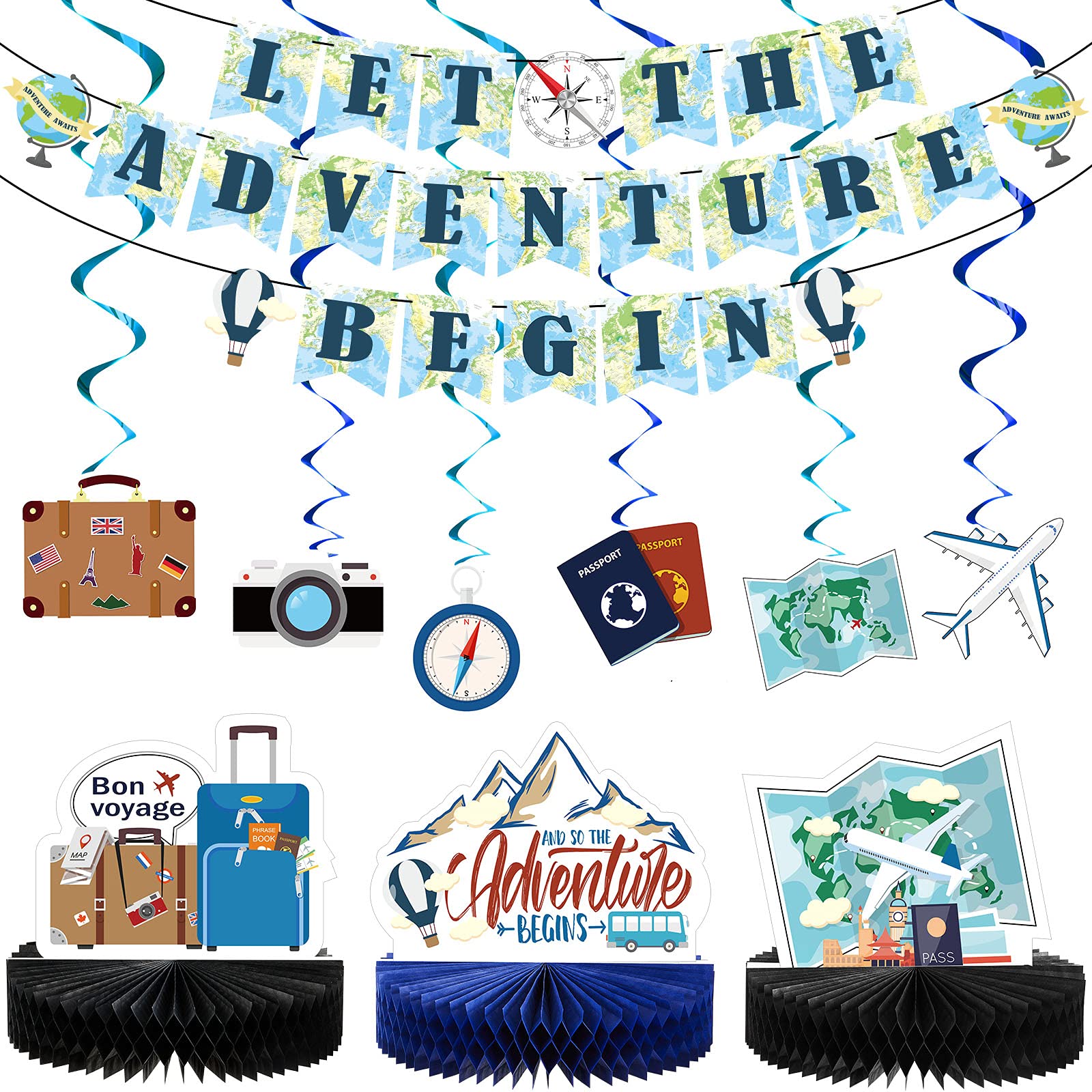 16 Pieces Travel Themed Party Decorations Let the Adventure Begin Banner Bon Voyage Party Decorations Travel Honeycomb Centerpieces for Travel Birthday Baby Shower Retirement Farewell Party Supplies