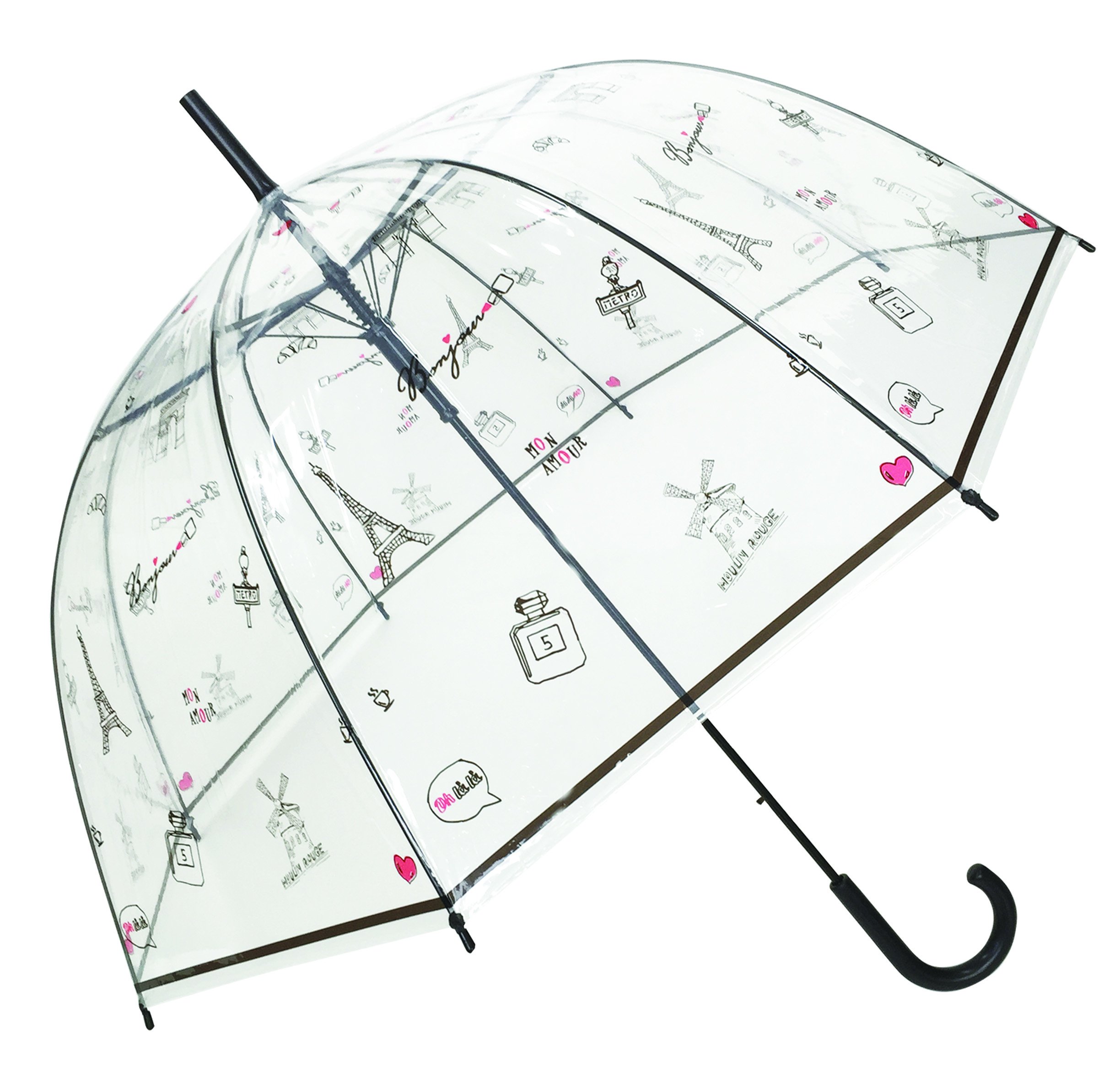 SMATISMATI Long Transparent Umbrella - Birdcage shape; Solid ; Automatic opening ; Diameter=85cm ; Women's umbrella ; PARIS pattern; Dome shape umbrella