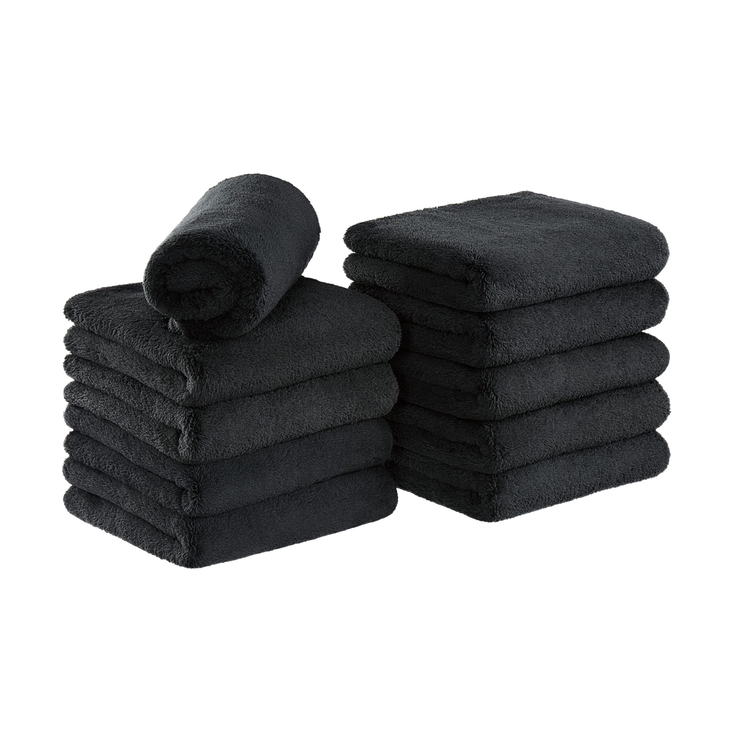 Arkwright Microfiber Coral Fleece Salon Towels - (Pack of 10) Bleach Safe Resistant, Absorbent Hair Drying Towel Set, Perfect for Resort, Hotel, and Spa, 16 x 27 in, Black