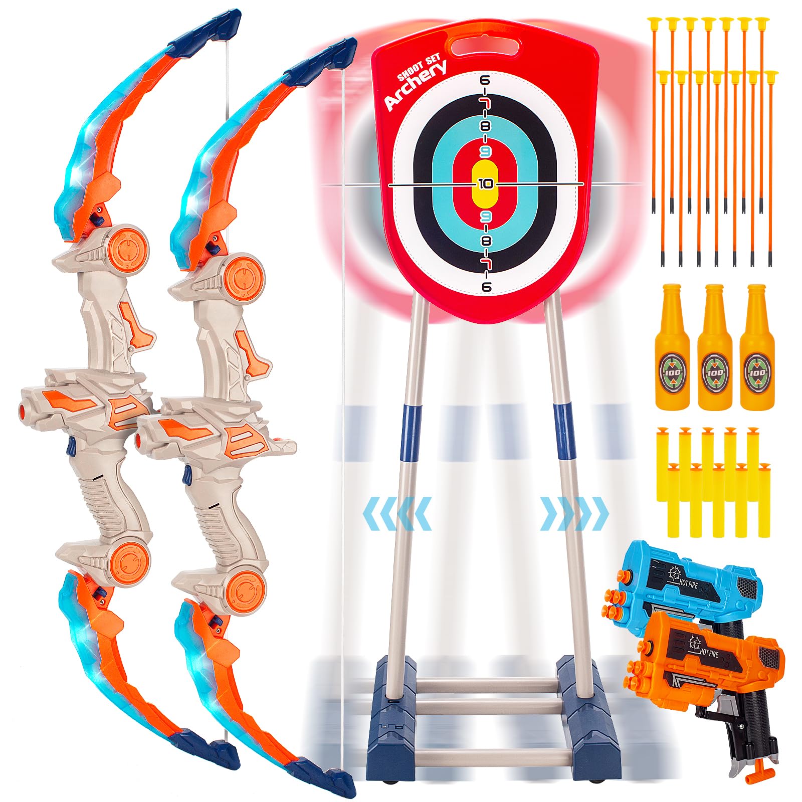 NIDUYONG 2 Pack Bow and Arrow Set for Kids（Electric Moving Target）, Light Up Archery Set with 14 Suction Cup Arrows, Outdoor Games for Kids, Toys for 5 6 7 8 9 10 11 12 Year Old Boys Girls