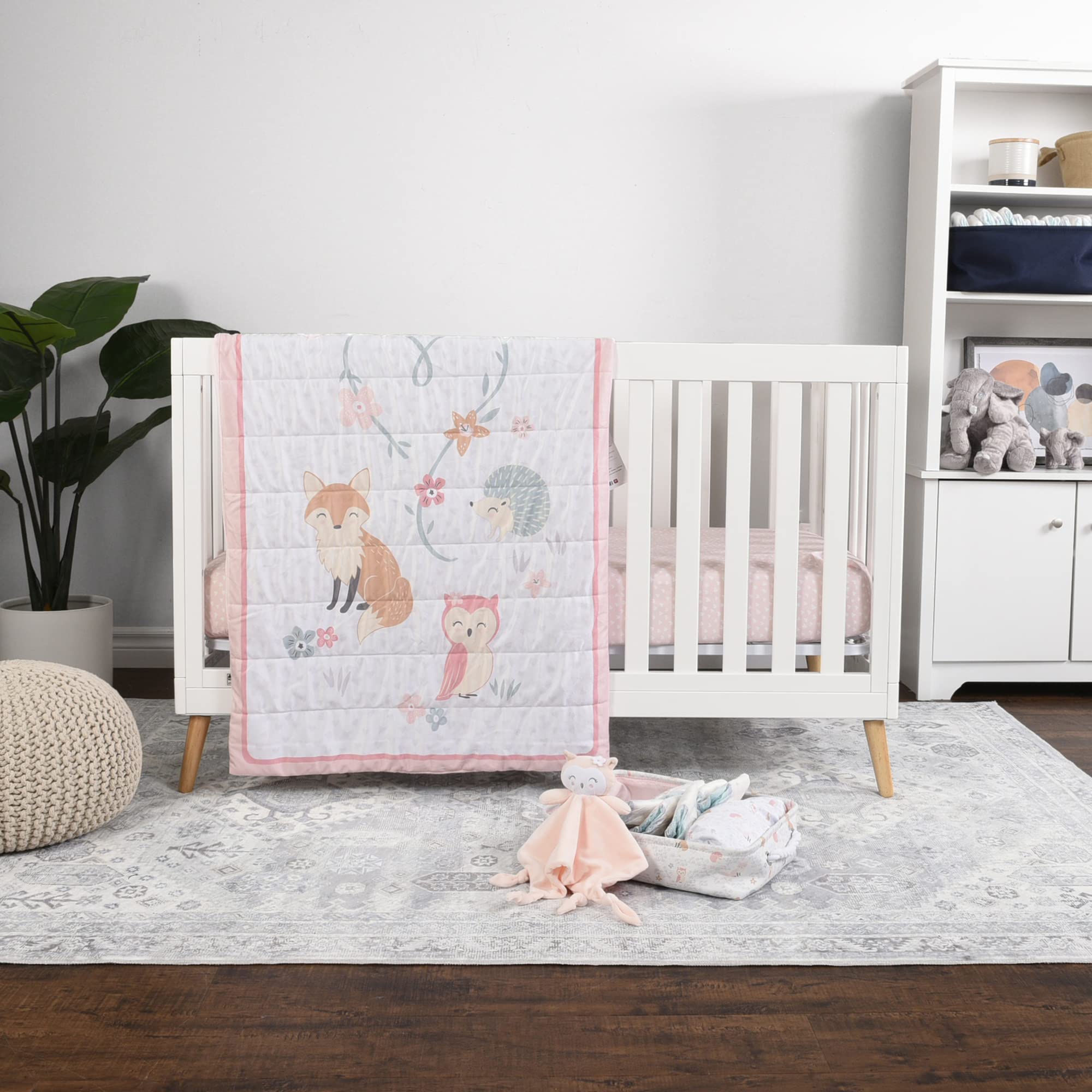 CAIKEZI5 Piece Crib Bedding Set, Woodland Pink EXPRESSIONS Includes Reversible Milestone Baby Blanket, 2 Standard Fitted Crib Sheets, Security Blanket & Storage Tote