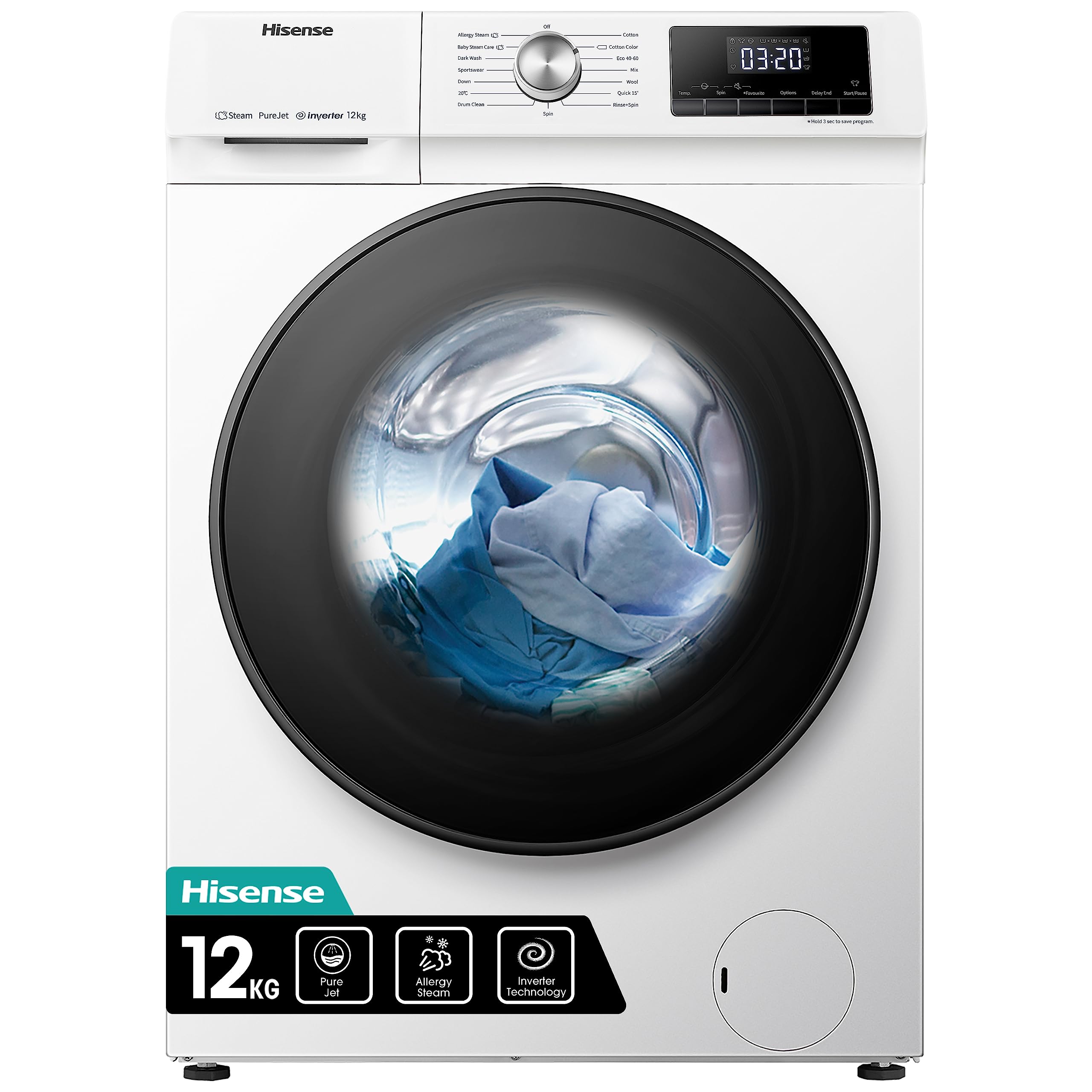 Hisense WFQA1214EVJM Freestanding 12 KG Front Load Washing Durable Inverter Machine Steam Wash Quick Wash 15 Washing Programs 1400 RPM White Energy Rating A [Energy Class A]