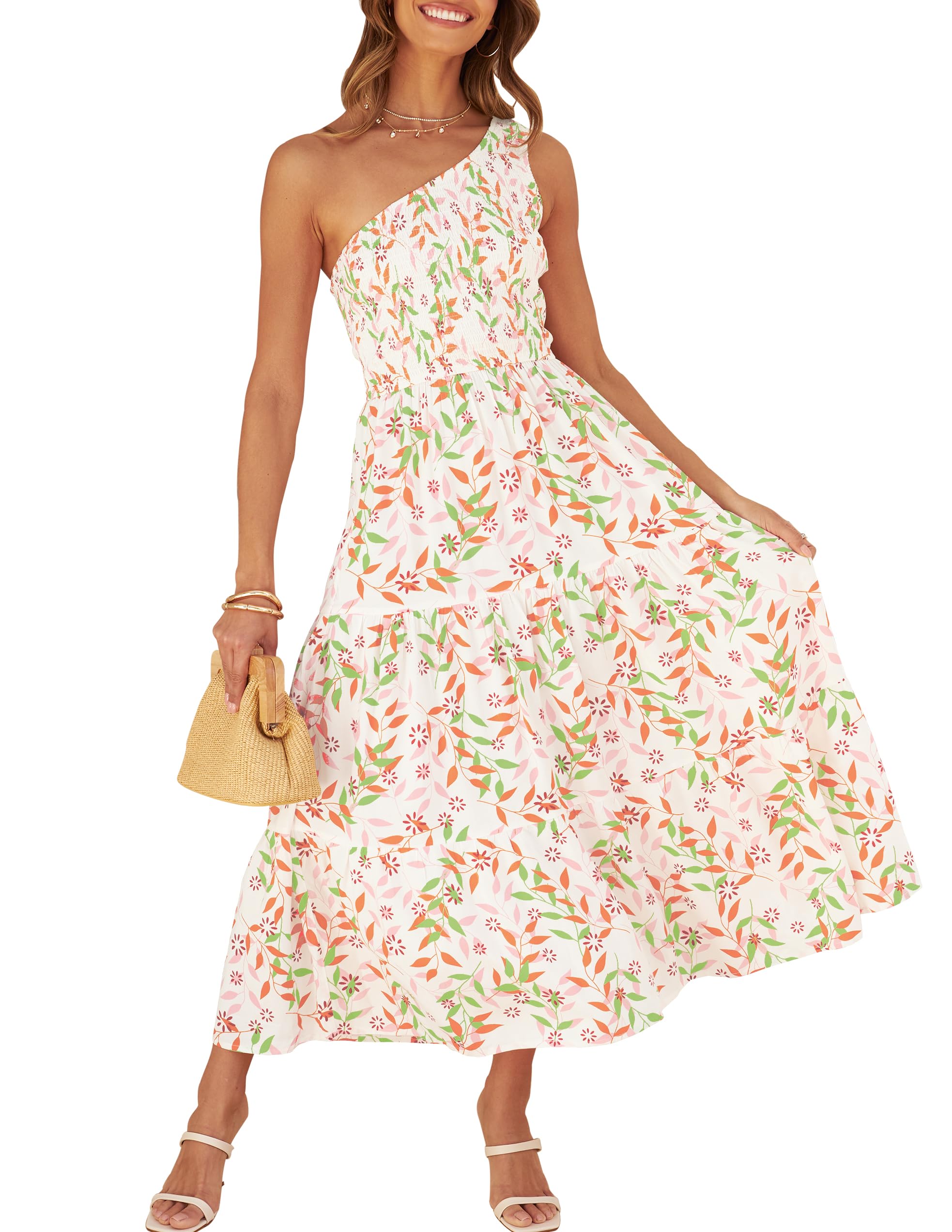 ZESICA Women's 2023 Bohemian Summer Floral Print One Shoulder Sleeveless Smocked Ruffle Tiered Beach Long Midi Dress