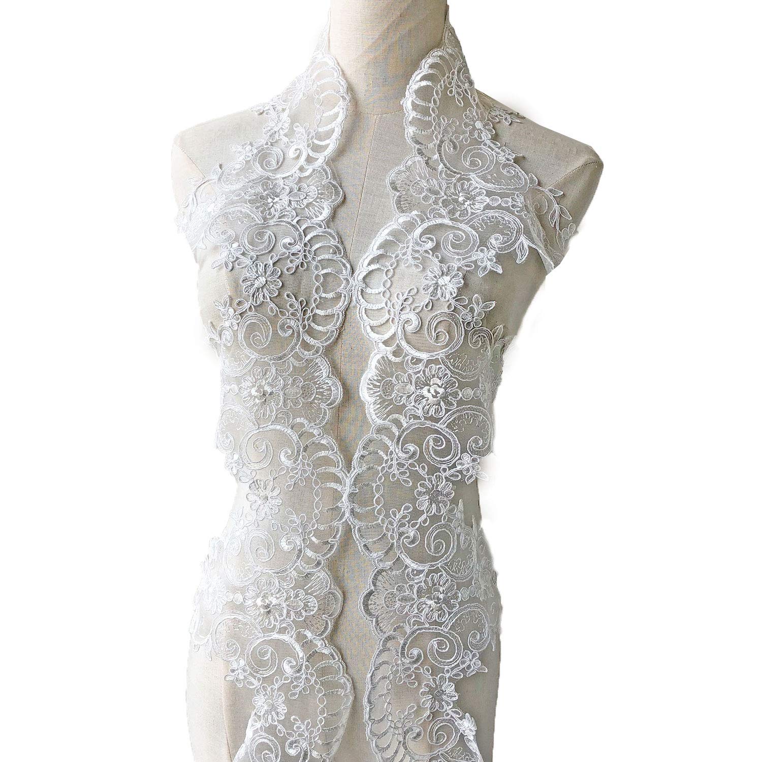 Exquisite Floral Lace Edging Off-White Corded Embroidered Lace Trim for Wedding Dress Bridal Veil Gown Fringe 10.2 inches Wide Sold by 1 Yard