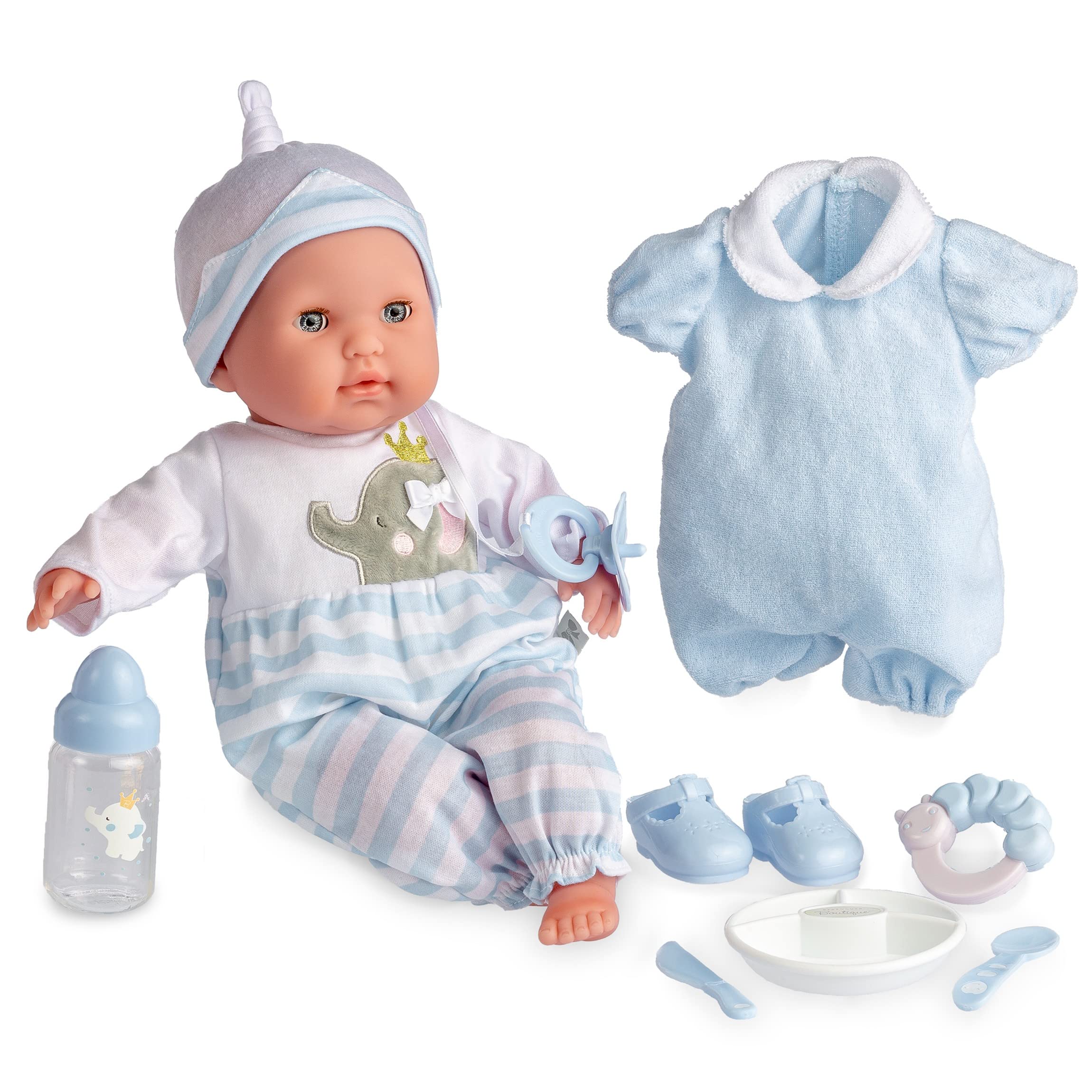 JC Toys 15" Realistic Soft Body Baby Doll with Open/Close Eyes | - Berenguer Boutique | 10 Piece Gift Set with Bottle, Rattle, Pacifier & Accessories | Blue | Ages 2+