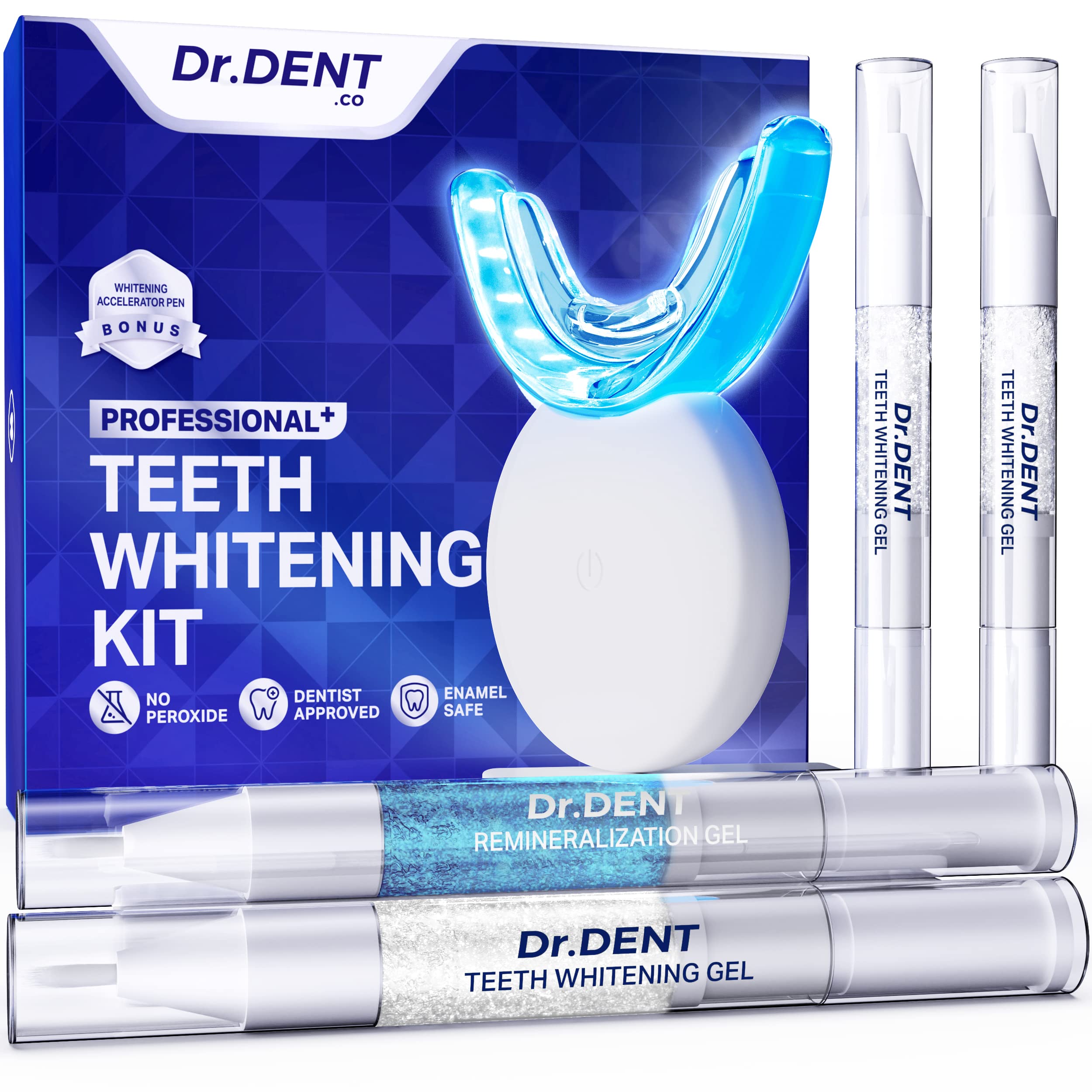 DrDent Professional LED Teeth Whitening Kit - Carbamide Peroxde Sensitivity Free Formula - (3) Teeth Whitening Gel Pens 30+ Whitening Sessions - (1) Remineralization Gel - Rapid & Effective Results