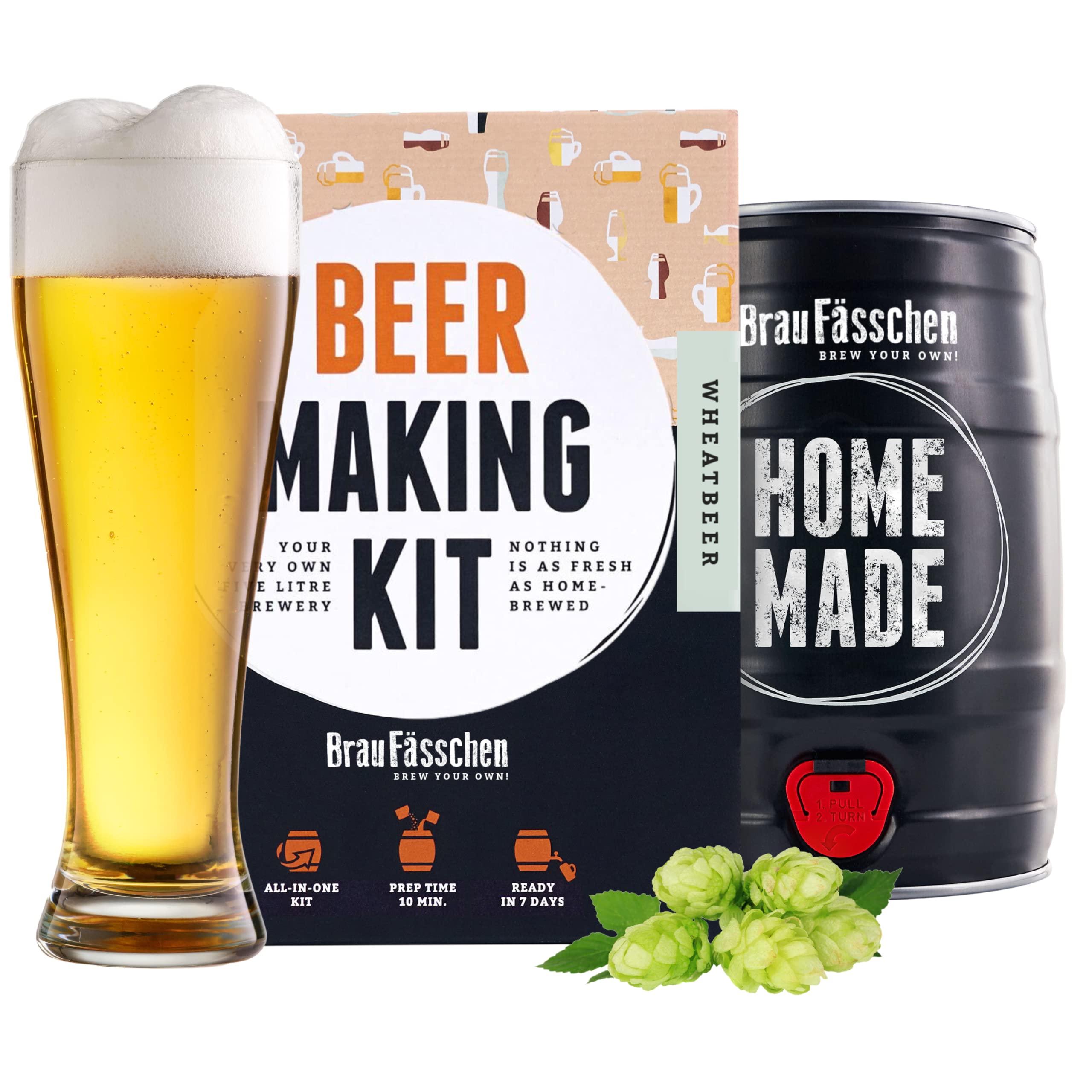 WHEAT BEER - Hefeweizen - Home Starter Brewing Beer Kit with 1.3 Gallons Keg - Ready In 7 Days - Gift for Men - Beer Gifts - German Beer- Beer gifts - Fathers Day-BrauFässchen