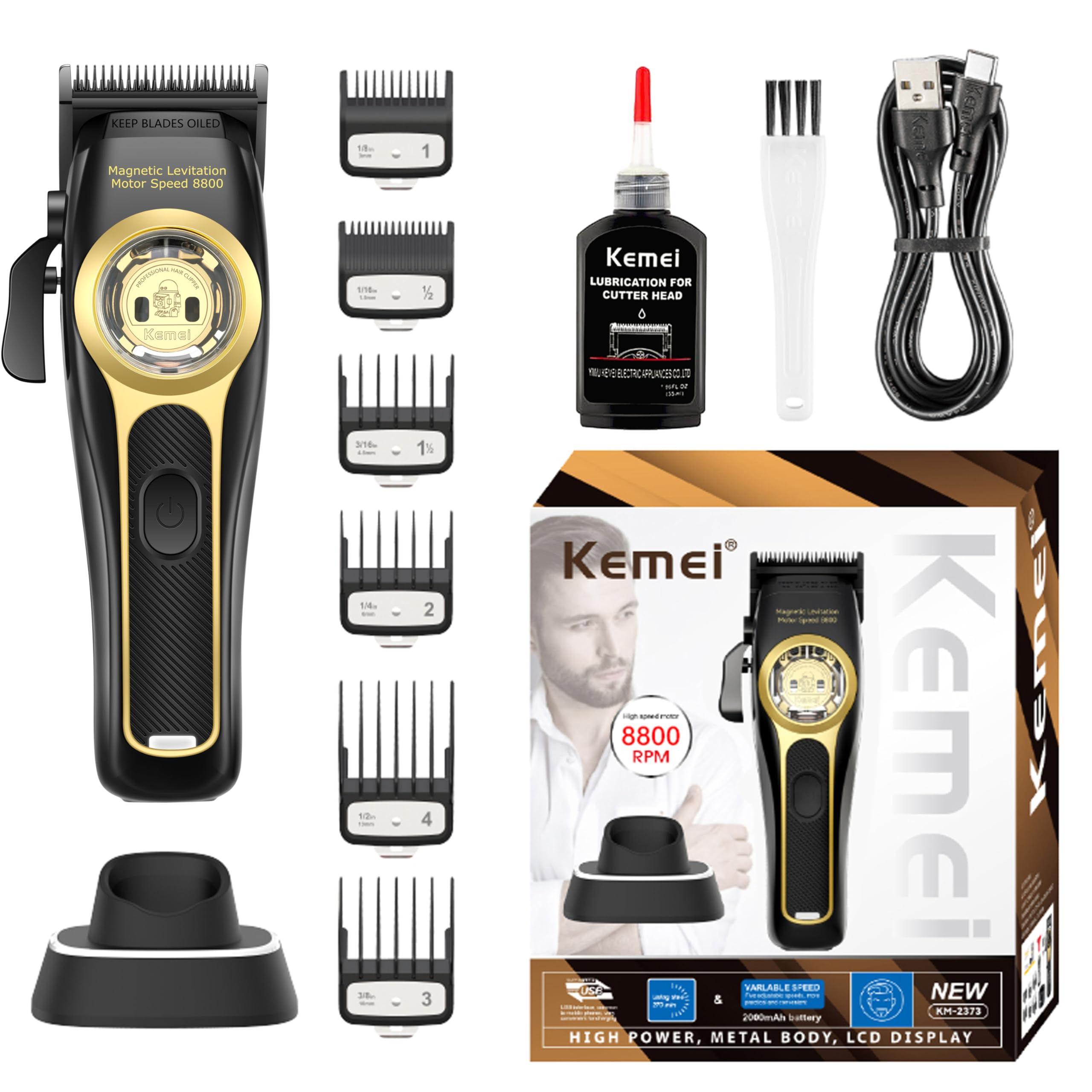 KEMEI2373 Professional Hair Clippers for Men, Cordless Barber Clippers with 8800 RPM Magnetic Levitation Motor, Adjustable Hair Cutting Kit with Charging Base