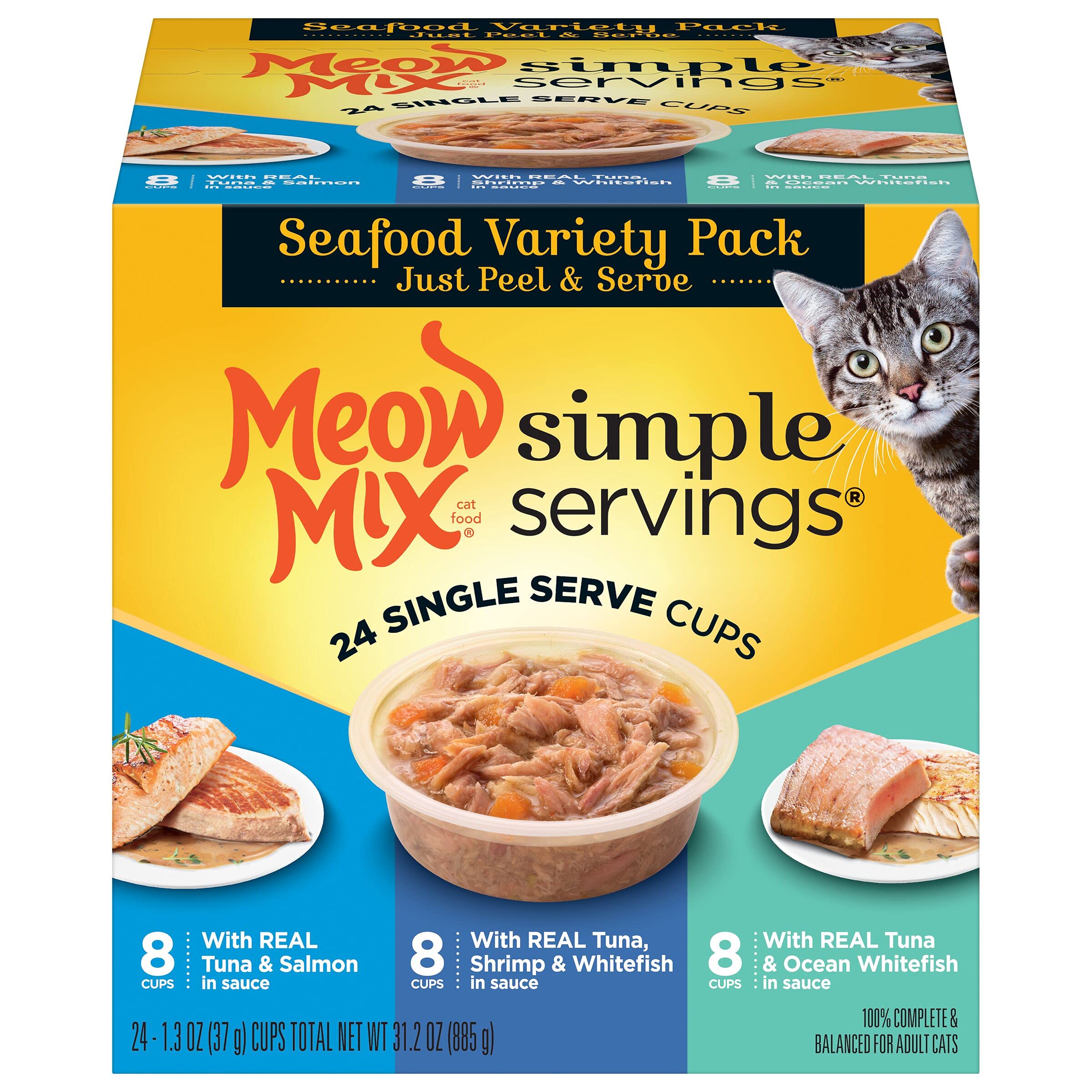 Meow MixSimple Servings Wet Cat Food, Seafood Variety Pack, 1.3 Ounce Cup (Pack of 24)