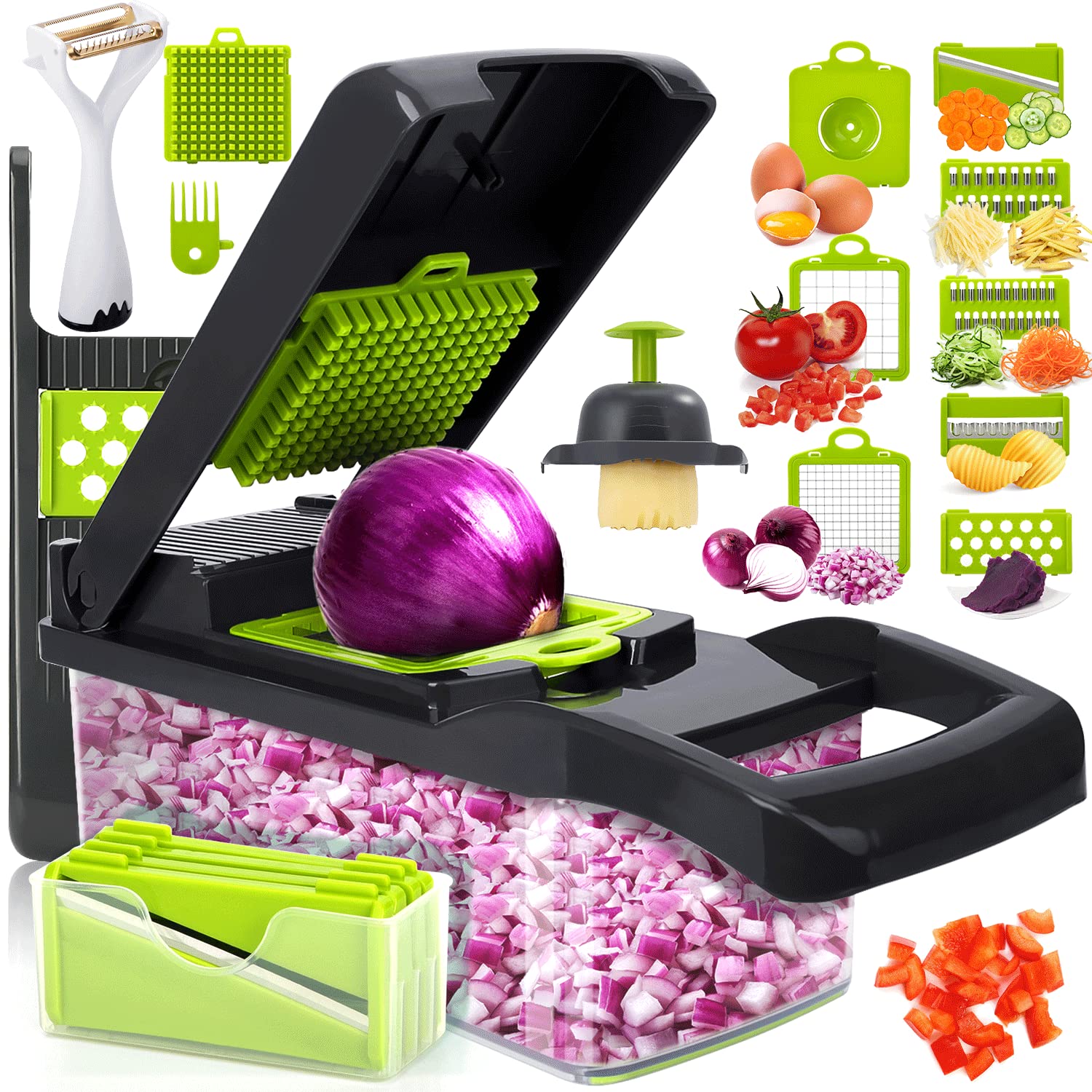 15 in 1 Vegetable Chopper, Multifunctional Vegetable Slicer Dicer Chopper, Fruit and Vegetable Chopper with Container, Onion Chopper with 8 Blades, Carrot and Garlic Chopper Vegetable Cutter