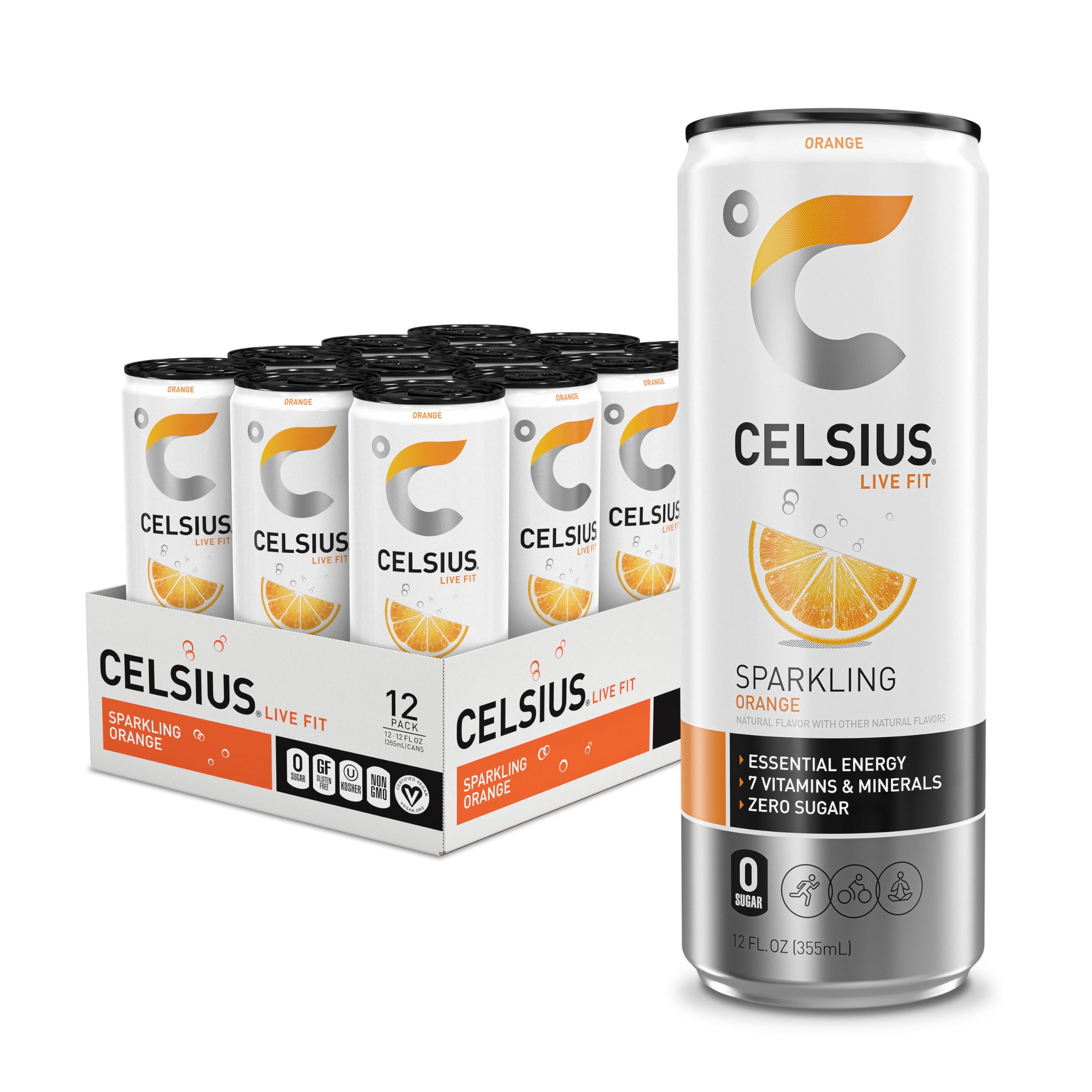 CELSIUS Sparkling Orange Fitness Drink, Zero Sugar, 12oz. Slim Can (Pack of 12)