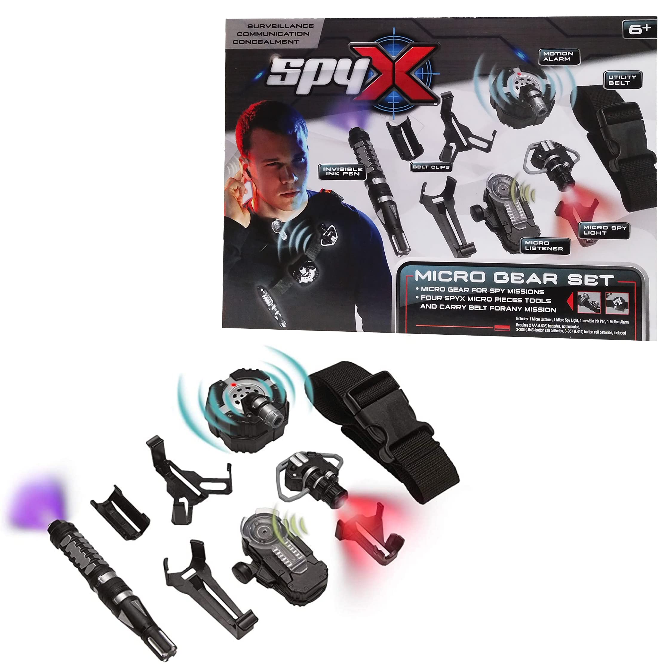 SpyX Micro Gear Set For Kids - Mobile Surveillance Using Micro Tools For Fun Spy Missions - Includes Utility Belt, Ear Light, Invisible Ink Pen, Listener, Motion Alarm, 6+ Years, ‎Multicolor