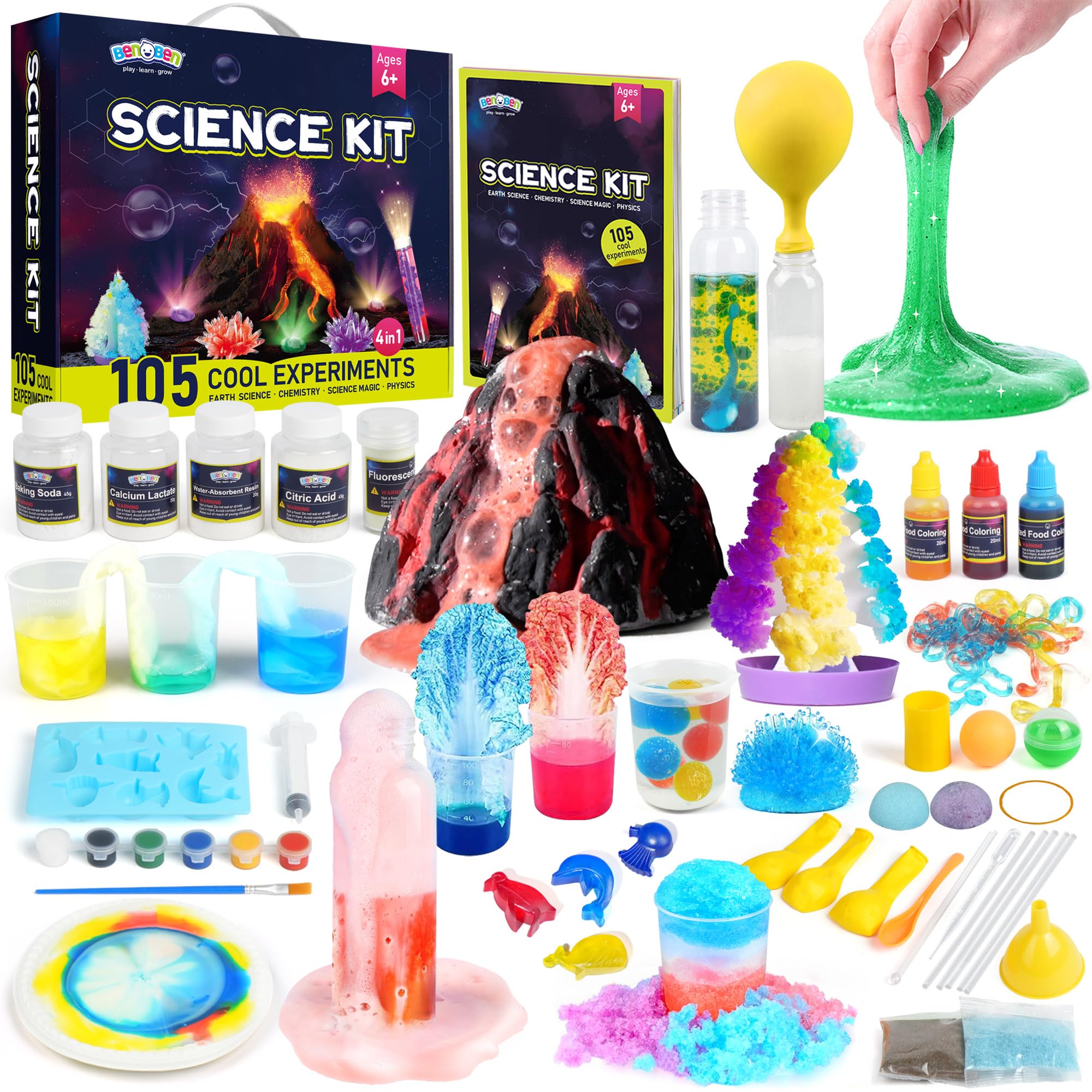 BenBenScience Kit for Kids, 105 Science Lab Experiments, STEM Project Educational Toy with Volcano Erupting, Crystal Growing, Chemistry and Physics Set Toy, Boys Girls Birthday Gift Ideas