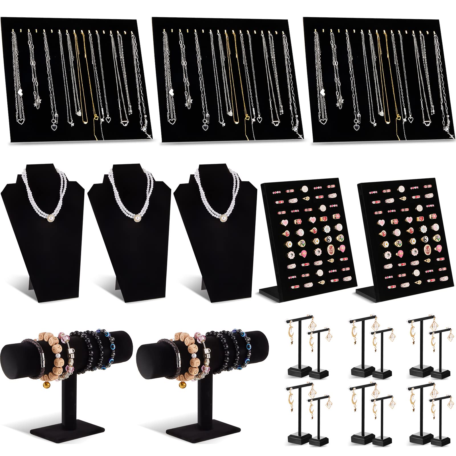 HenoysoHenoyso 22 Pcs Velvet Jewelry Display Set Jewelry Display for Selling Necklace Stand Bracelet Holder T Shape Earring Stand (Black)