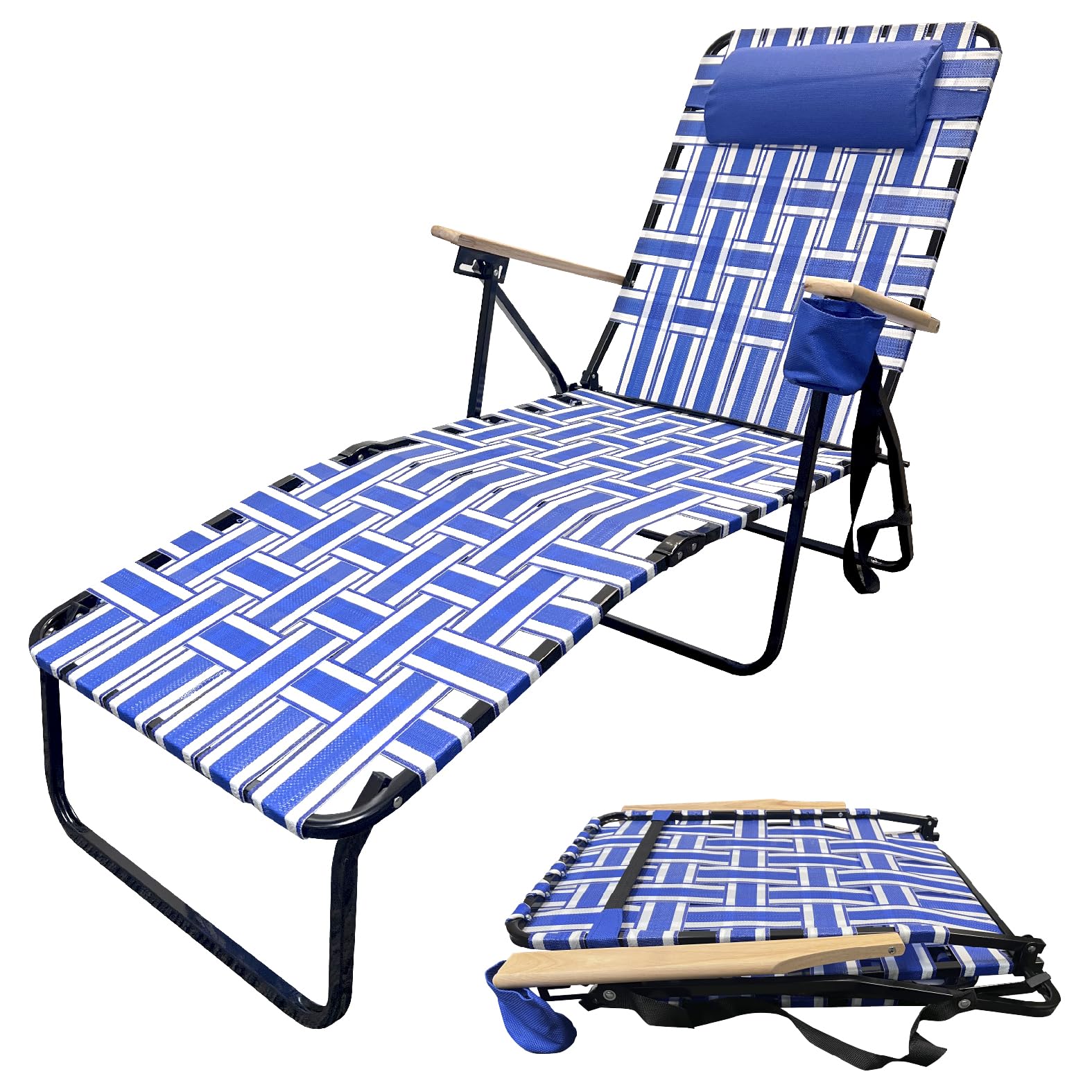 EasyGo ProductWebbing Lounger Steel Chaise Lawn Chair Foldable Outdoor for Patio Camping Backyard Pool Wood Handles, 1 Pack Blue