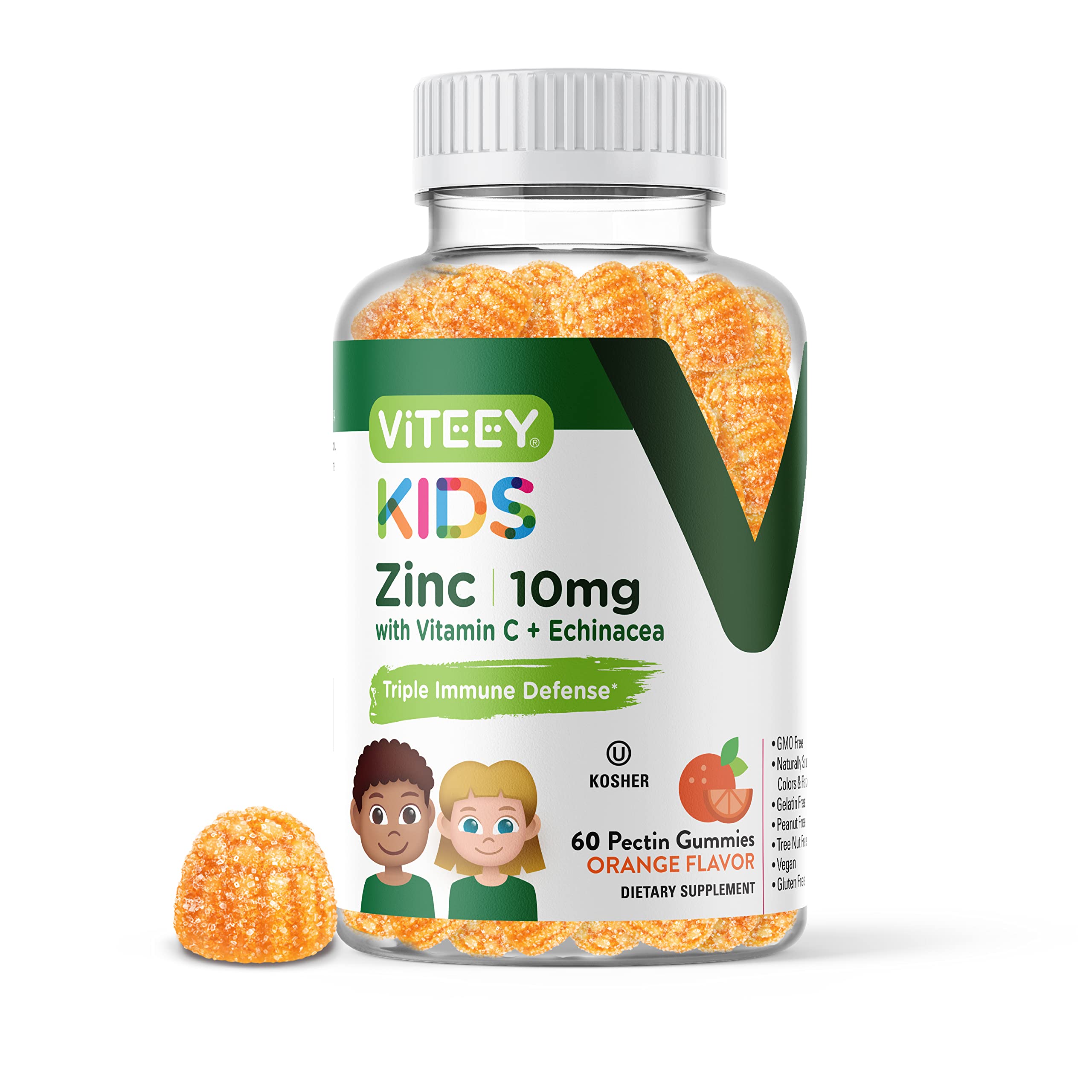 Zinc Gummies 10mg for Kids, with Vitamin C & Echinacea, 3 in 1 Immune Support Booster, Powerful Natural Antioxidant, Gelatin Free, Non-GMO Pectin Based, Orange Flavor Chewable Gummy Zinc Supplement