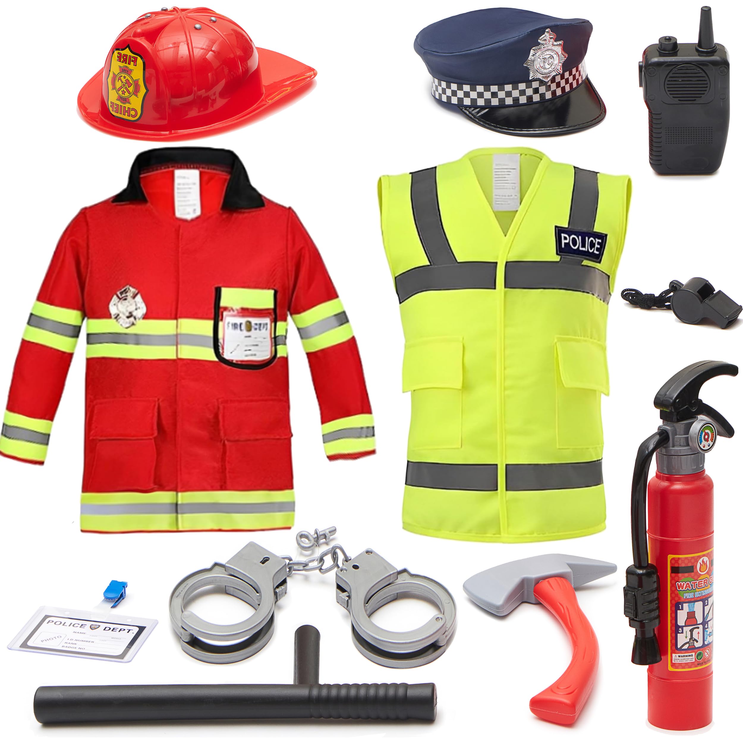 Kids Police and Fireman Costume - Dress Up Outfit for Boys and Girls 3-7 Years Old - Includes Police Costume, Fireman Costume and Accessories. For Fancy Dress, Dressing Up, Halloween.