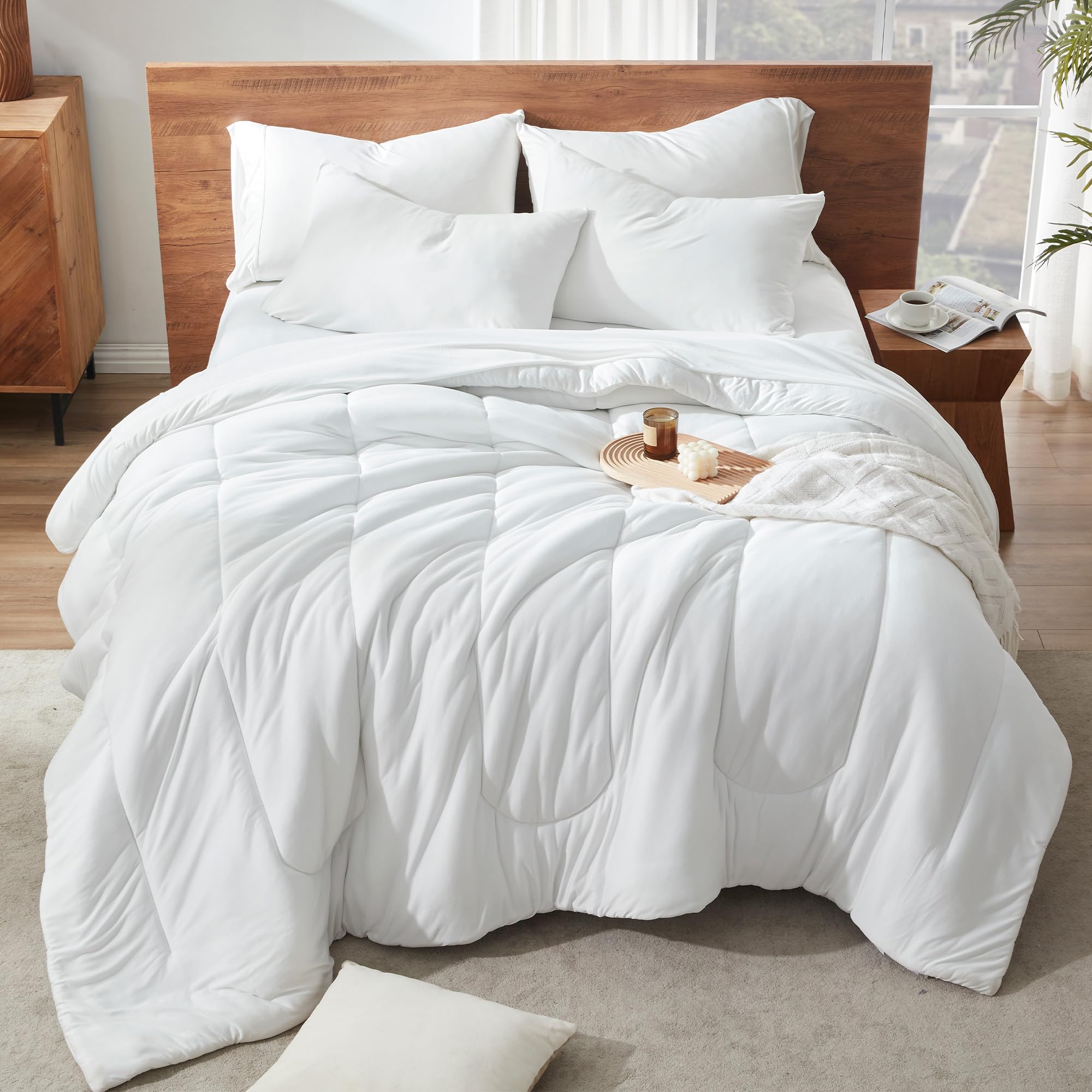 SLEEP ZONE Queen Size Comforter Set for Bedroom, 3 Pieces Breathable Soft Jersey Knit Bedding Sets for All Season Use, Machine Wash, Easy Care (White, Queen)