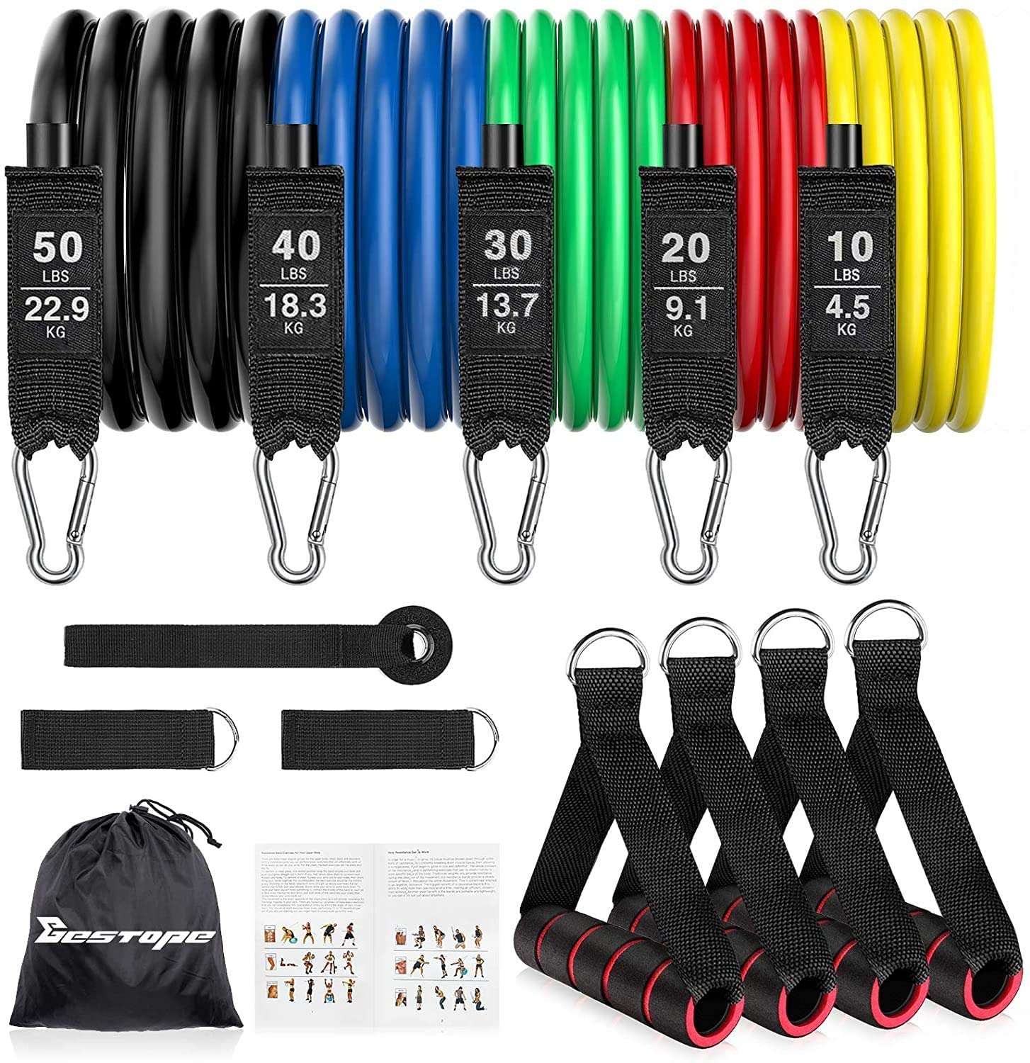 Resistance Bands Set Exercise Bands, Resistance Bands Set Men Workouts With 5 Fitness Tubes, 4 Foam Handles, 2 Ankle Straps, Door Anchor, Home Gym Equipment for Yoga Pilates Strength