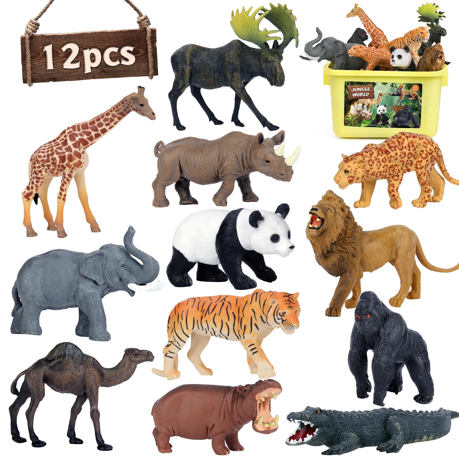 Safari Animal Toys Figures, 12 PCS Realistic Jumbo Wild Jungle Animals Figurines, Large African Zoo Animal Playset with Lion,Elephant,Giraffe, Plastic Animal Learning Toys for Kids Toddlers Boys