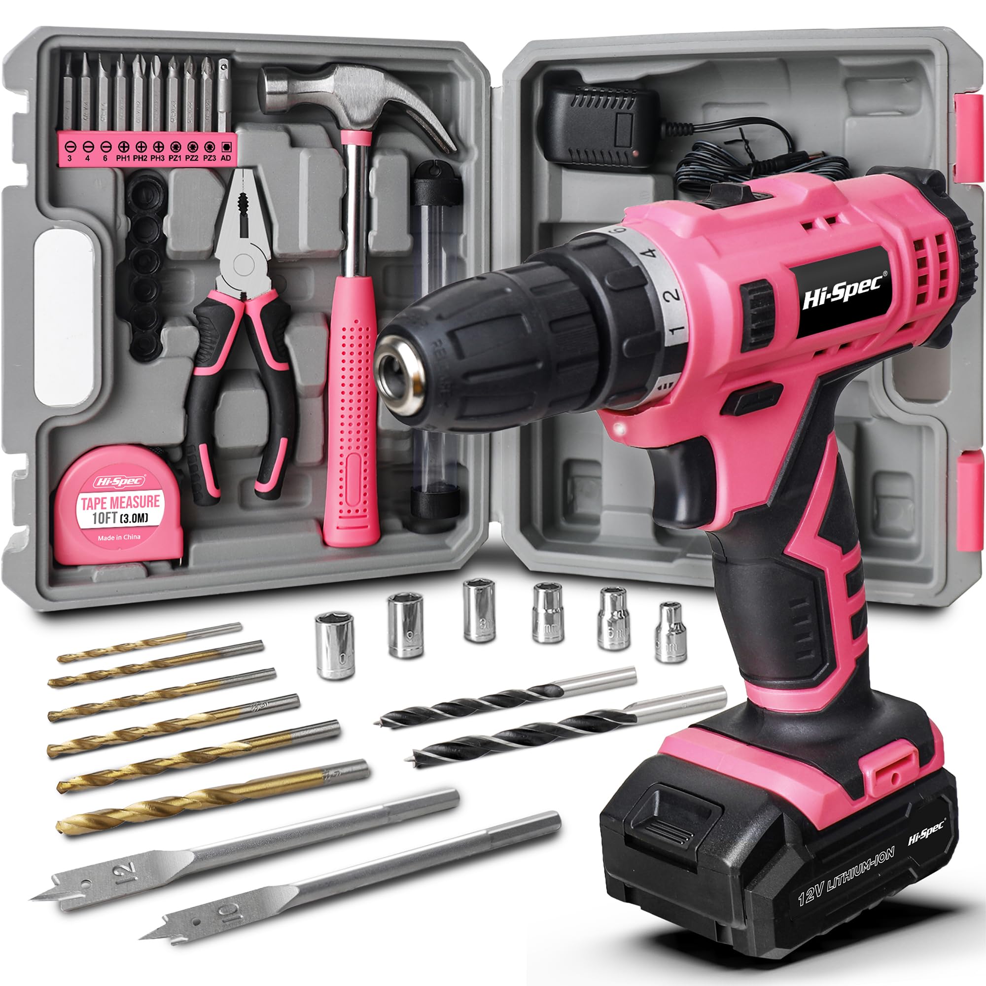 Hi-Spec30pc Pink 12V Cordless Power Drill Driver & Household DIY Tool Set. Rapid Cordless Power Drilling and Screwdriving with Essential DIY Hand Tools & Accessories