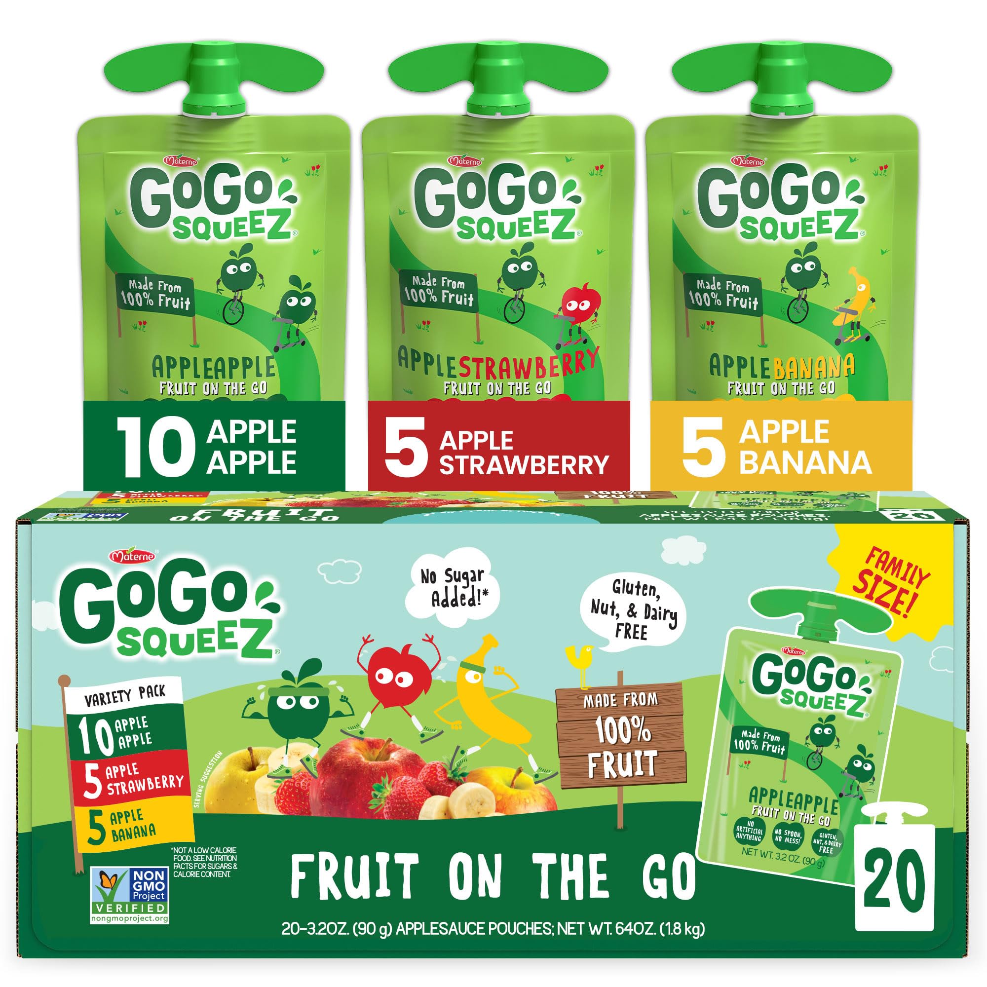 GoGo squeeZ Applesauce and Fruit Puree Variety Pack, Apple, Banana & Strawberry, 3.2 oz (Pack of 20), Unsweetened Fruit Snacks for Kids, Gluten Free, Nut Free and Dairy Free, BPA Free Pouches