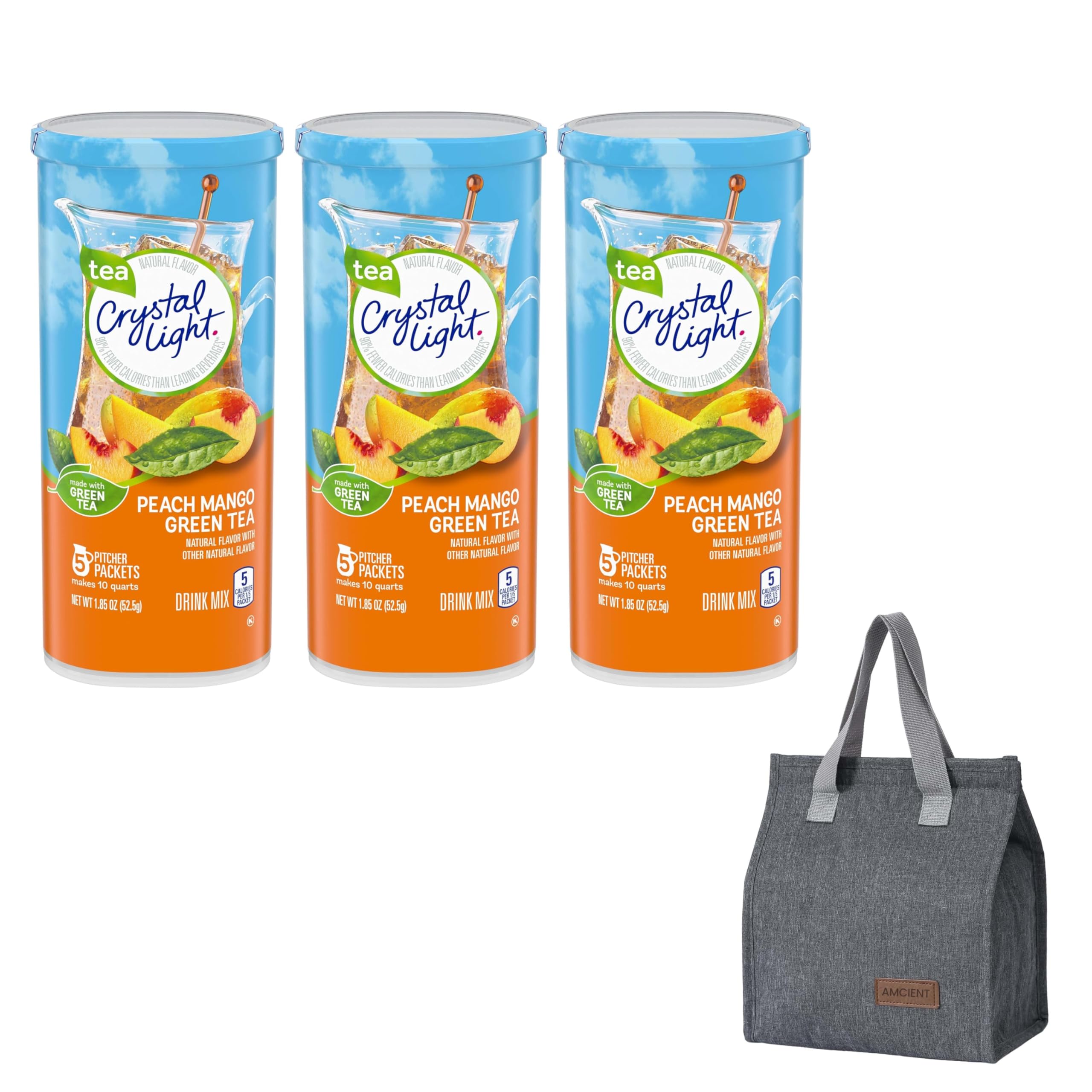 Crystal Light Peach Mango Green Tea Sugar-free Pitcher Packets 3 x 5 Count Bundle With Lunch Bag By AMCIENT