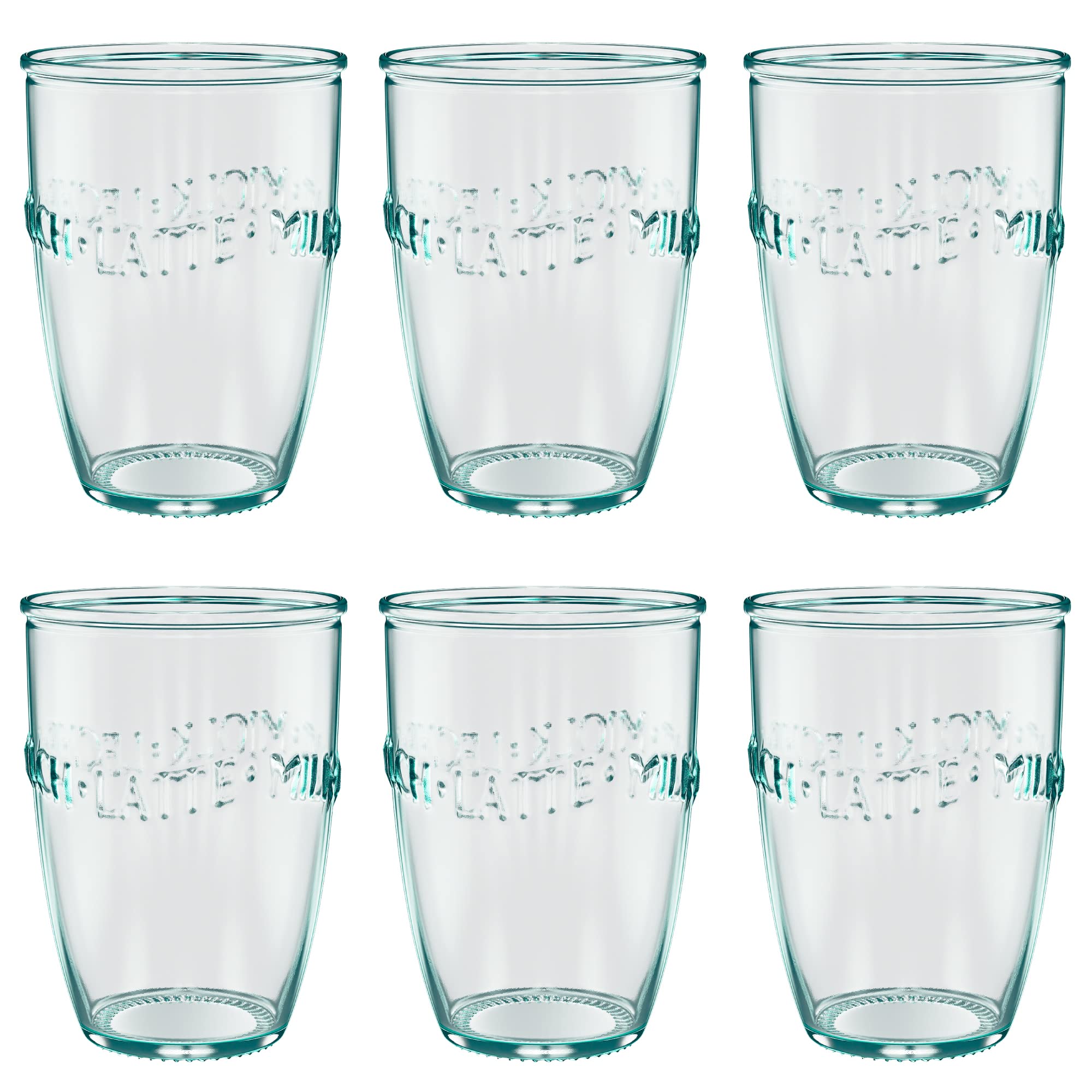 Amici Home Euro Milk Glass | 13 Oz | Italian Made, Clear Recycled Glass with Green Tint | Round Glass with Embossed Design for Milk, Water, Juice, Cocktails, Fresh Drinks (Set of 6)