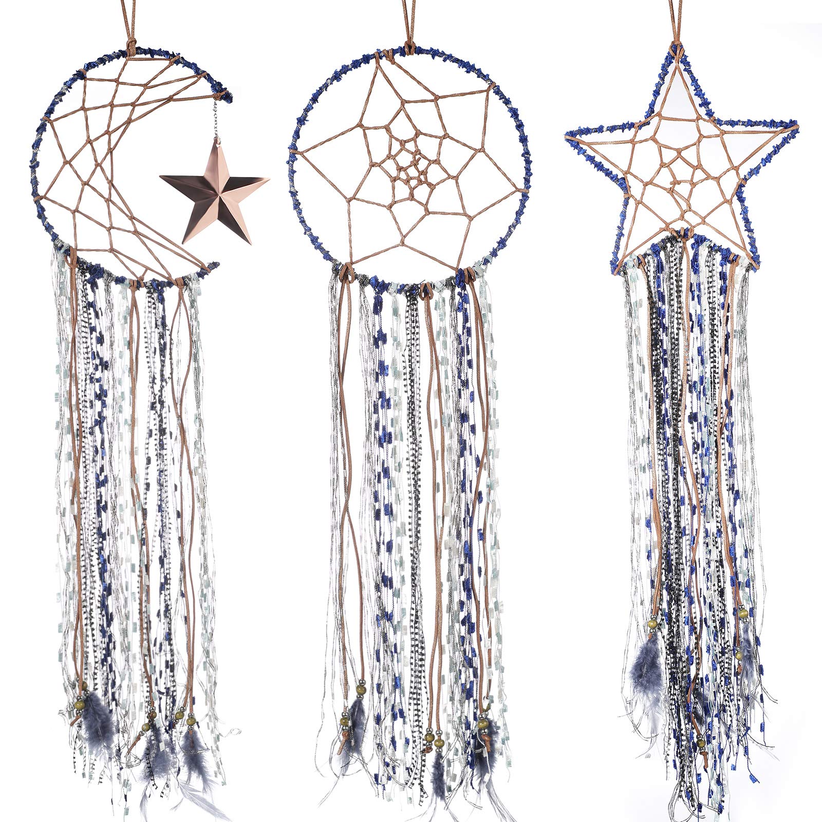 Jetec3 Pieces Blue Dream Catcher Star Moon Sun Handmade Feather Dreamcatcher Wall Decor for Bedroom Nursery Wall Hanging Home Christmas Decoration Festival Gift